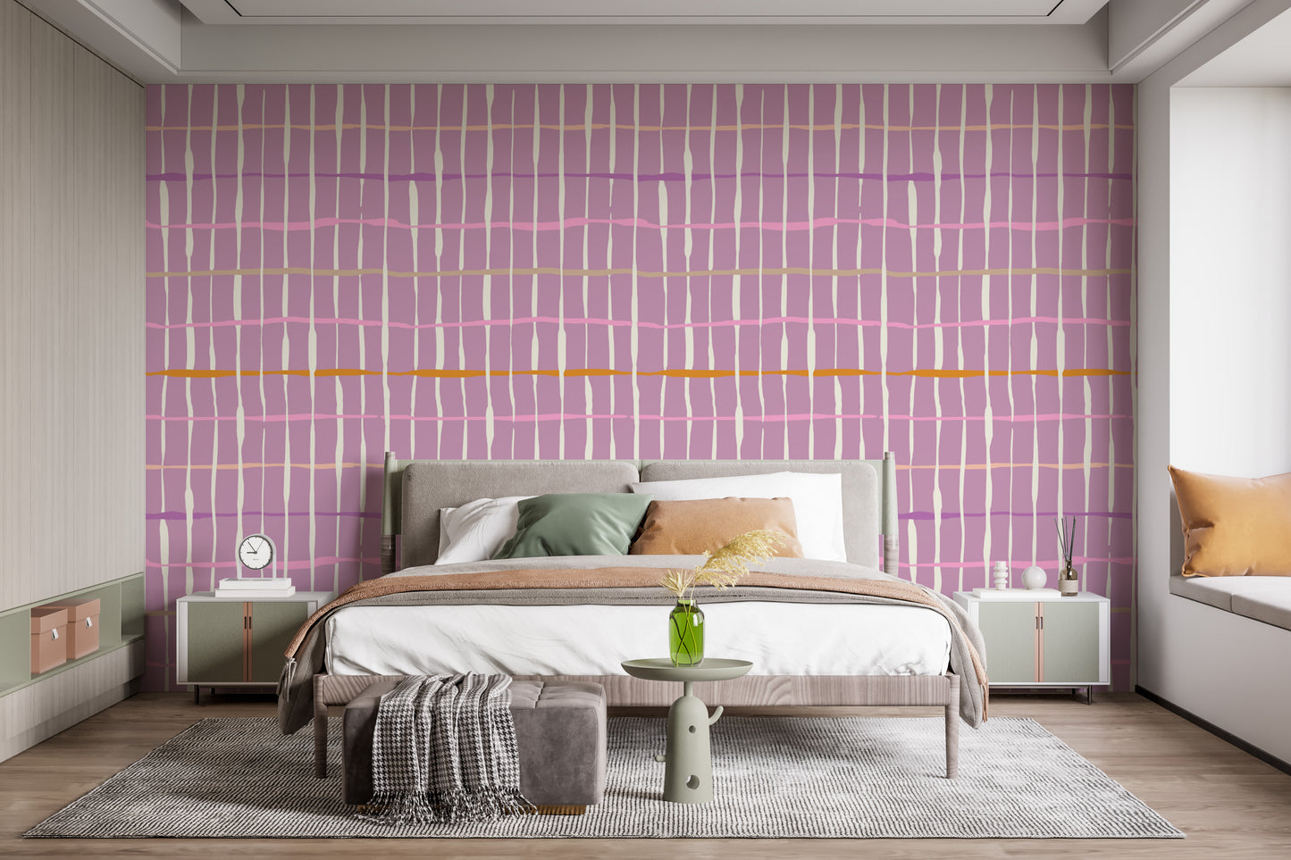 Vintage-inspired purple wallpaper with artistic linework