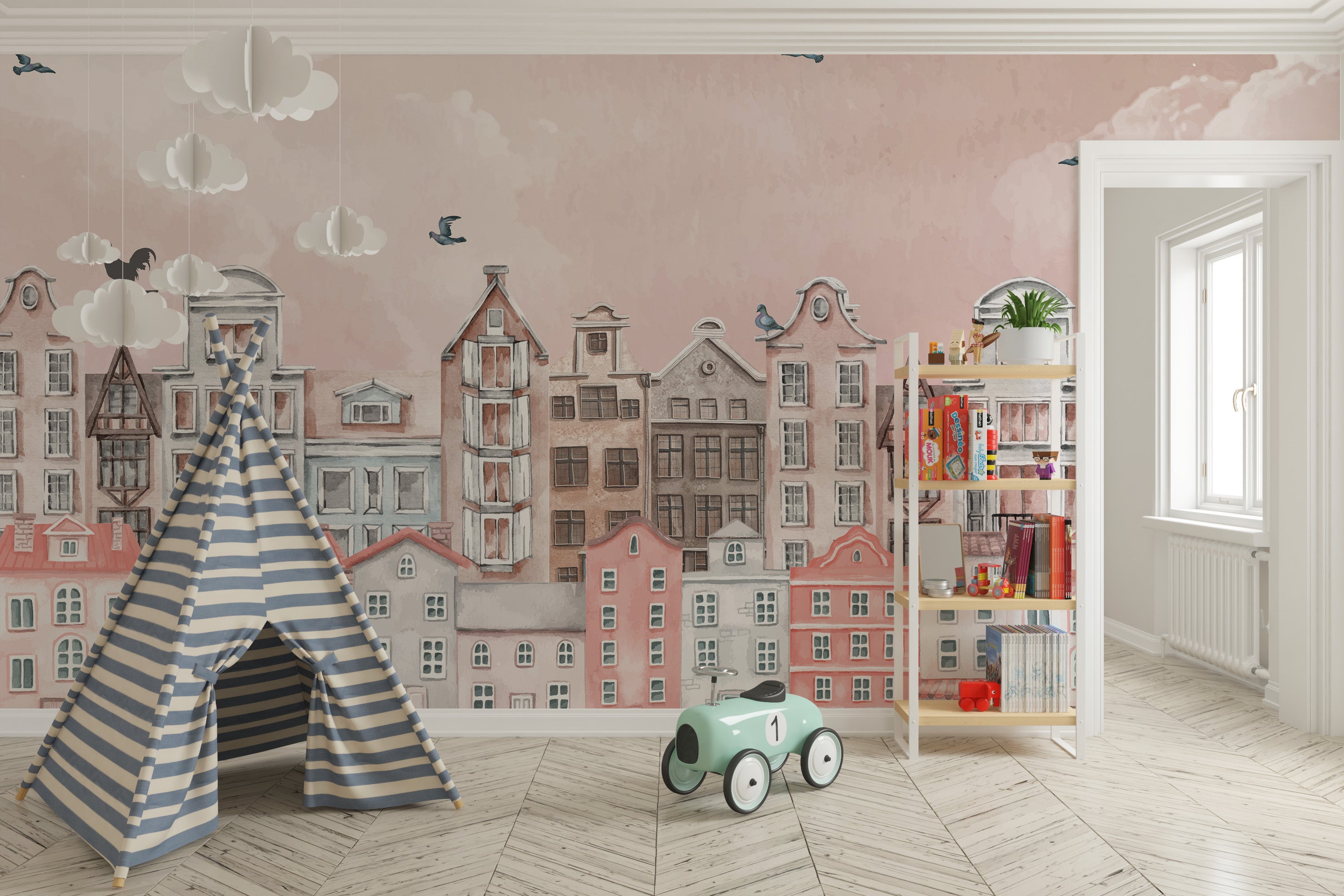 Sunset blush town kids room mural wallpaper
