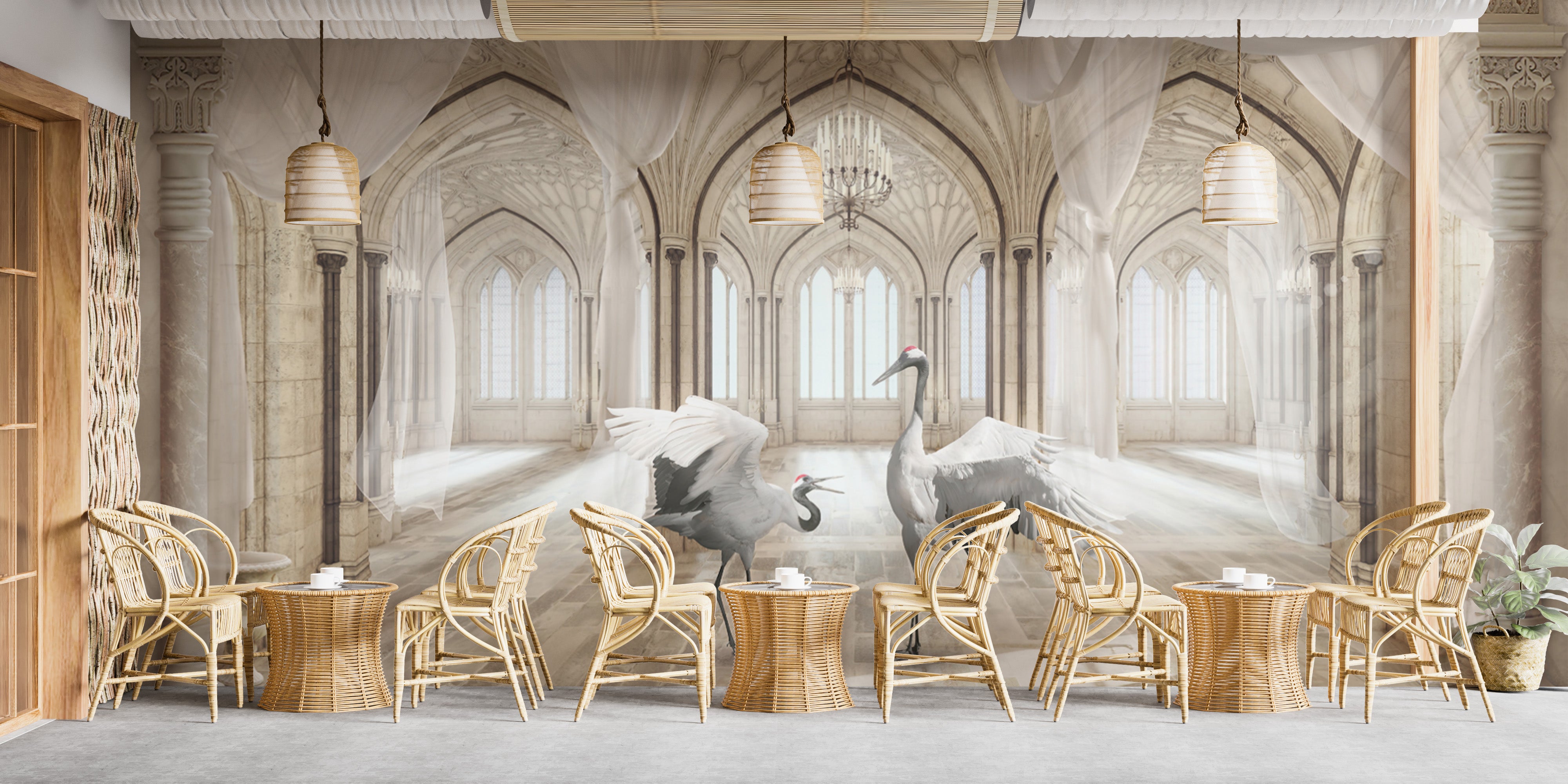 Gothic palace crane mural with elegant fantasy decor
