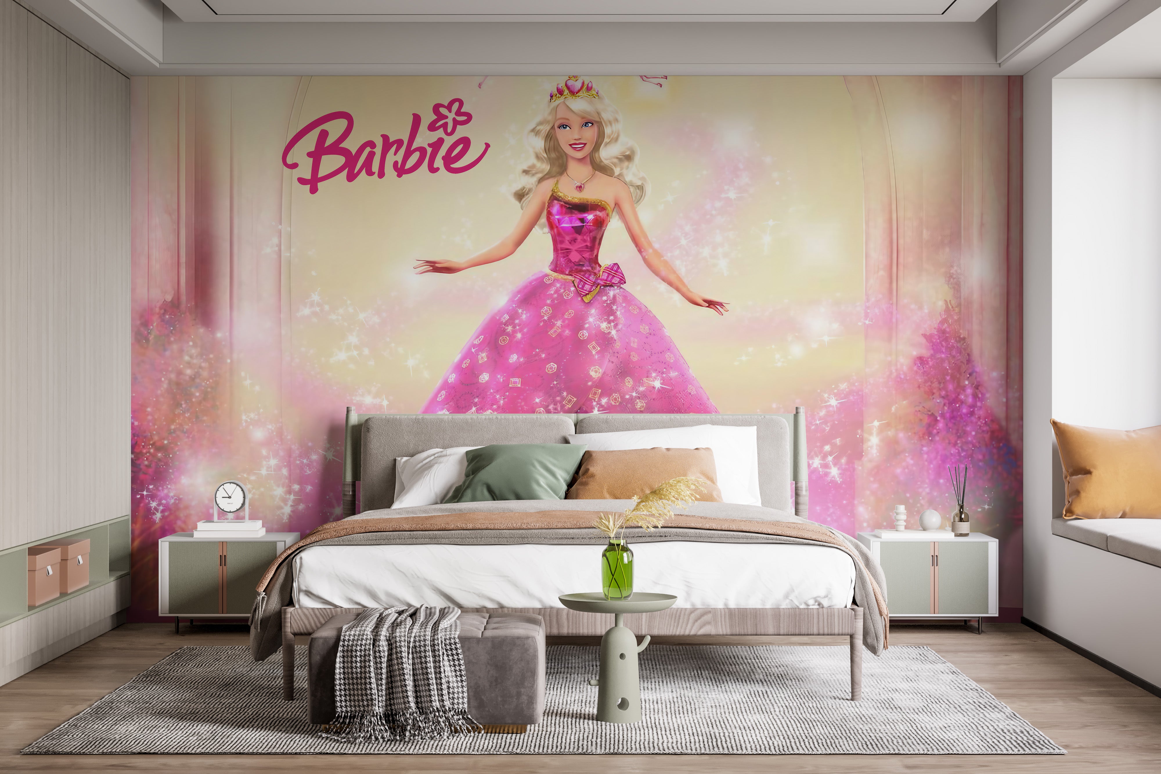 Barbie in a pink dress wallpaper for a chic kids' room vibe
