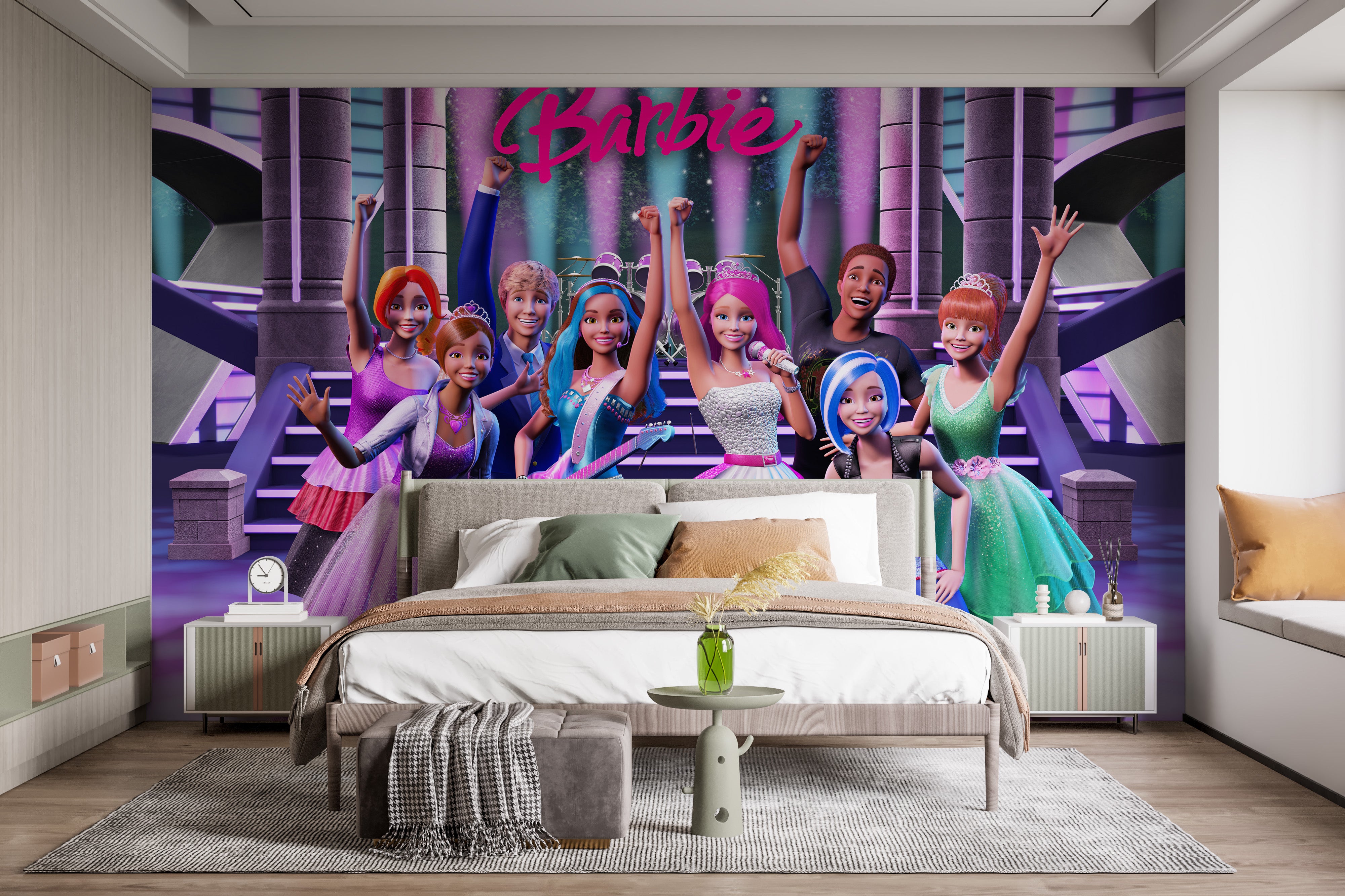 Barbie in a rockstar princess style for playful wall designs
