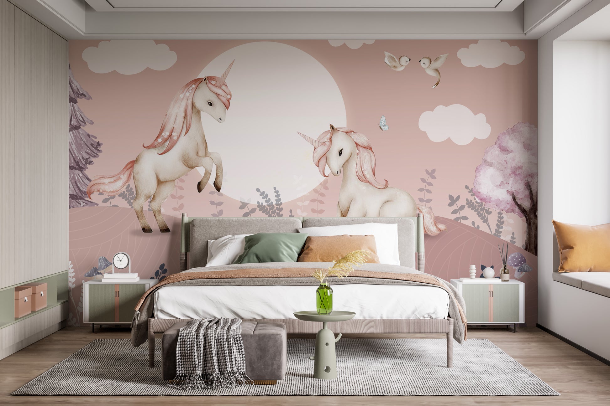 Elegant Pegasus mural in pink for whimsical wall decoration
