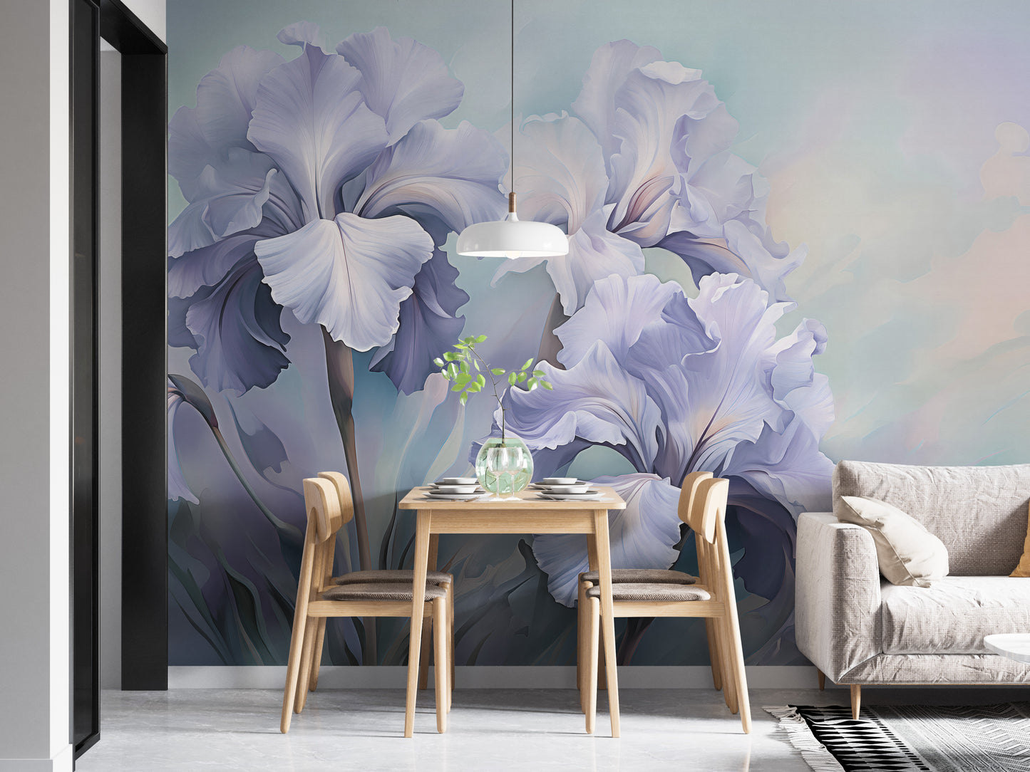 Elegant wild purple iris wallpaper murals for a tranquil, floral touch.