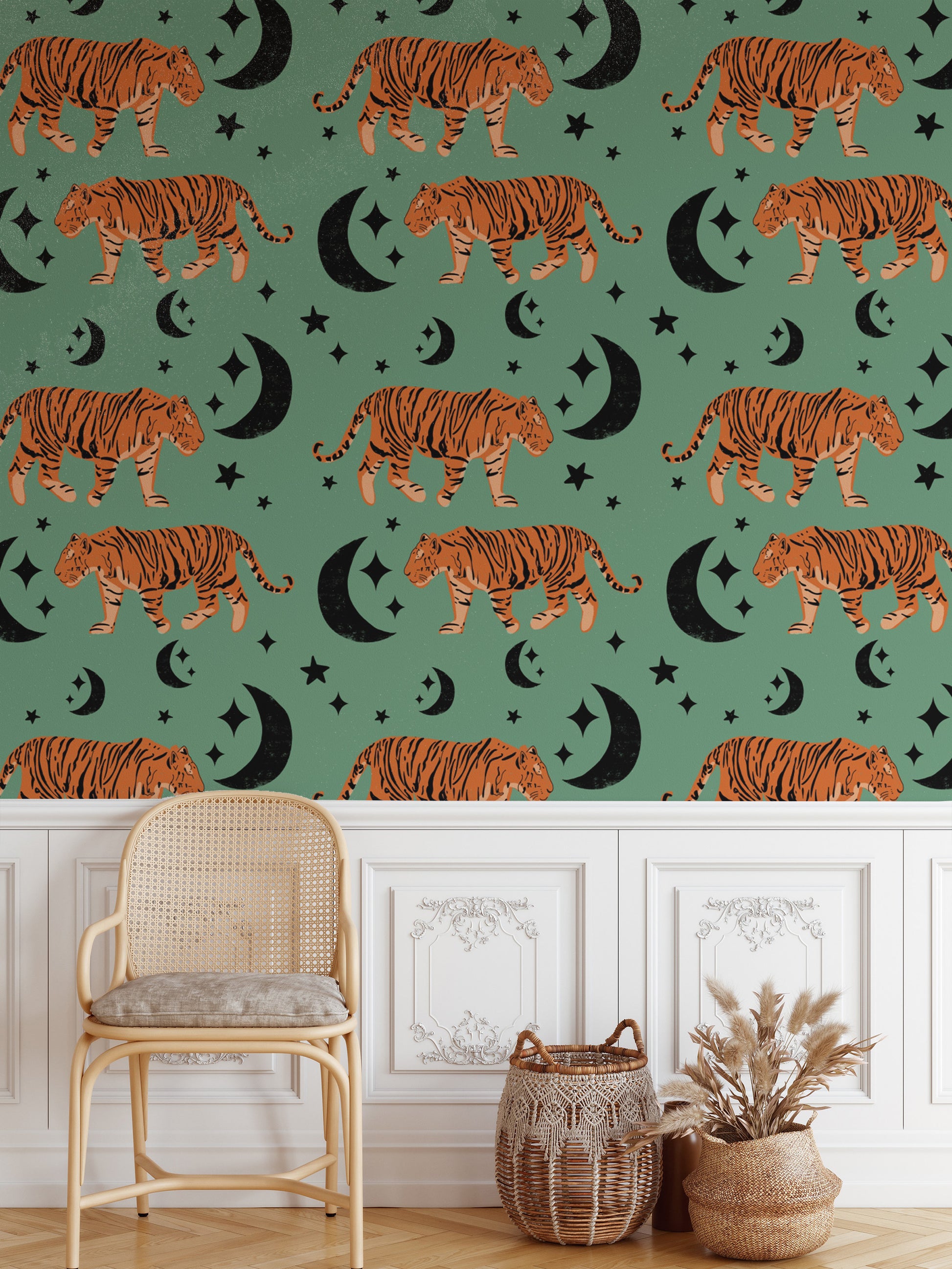 Cute Tiger Moon Green Kids Room Wallpaper 