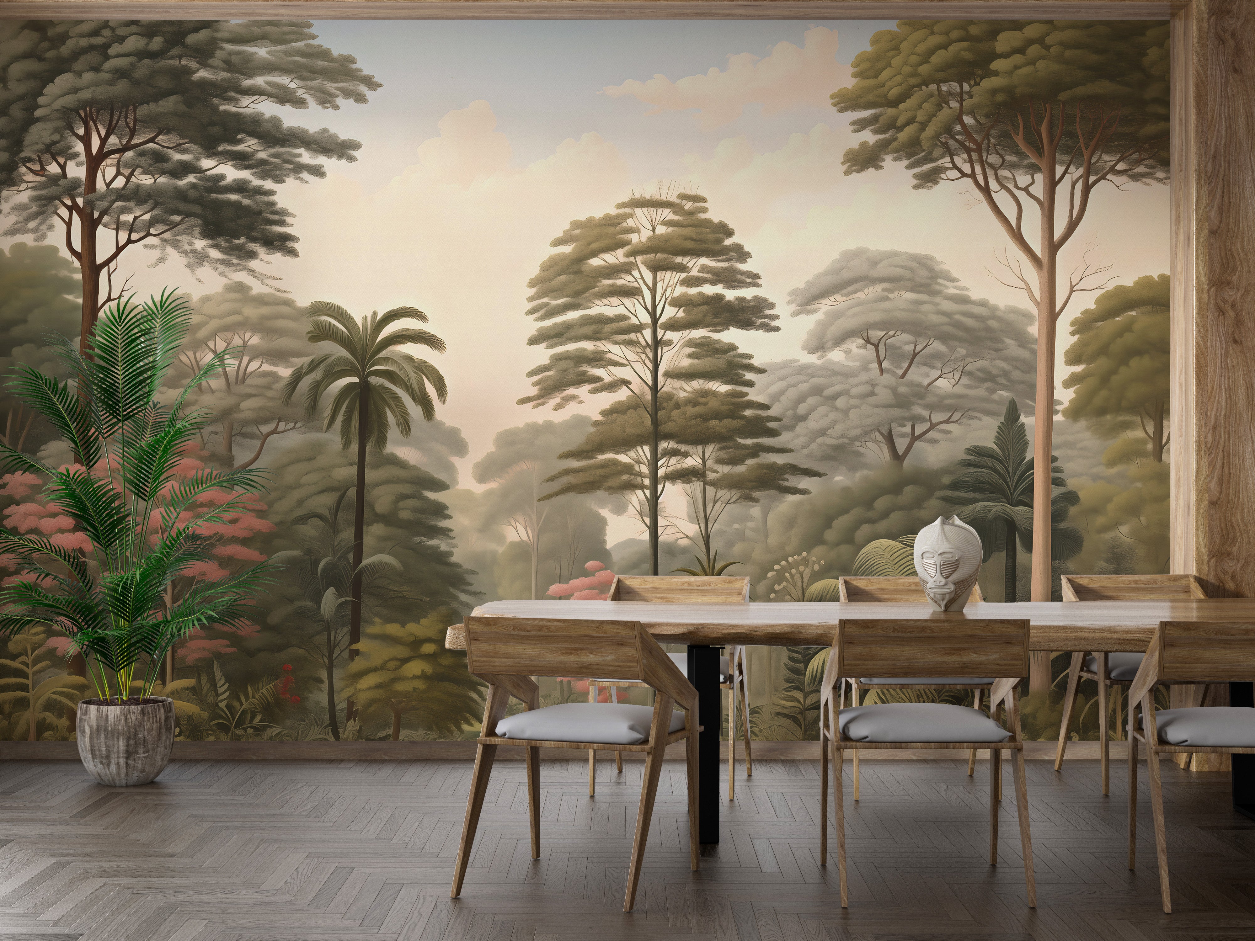 Add depth and texture with nature woodcut forest wallpaper murals.
