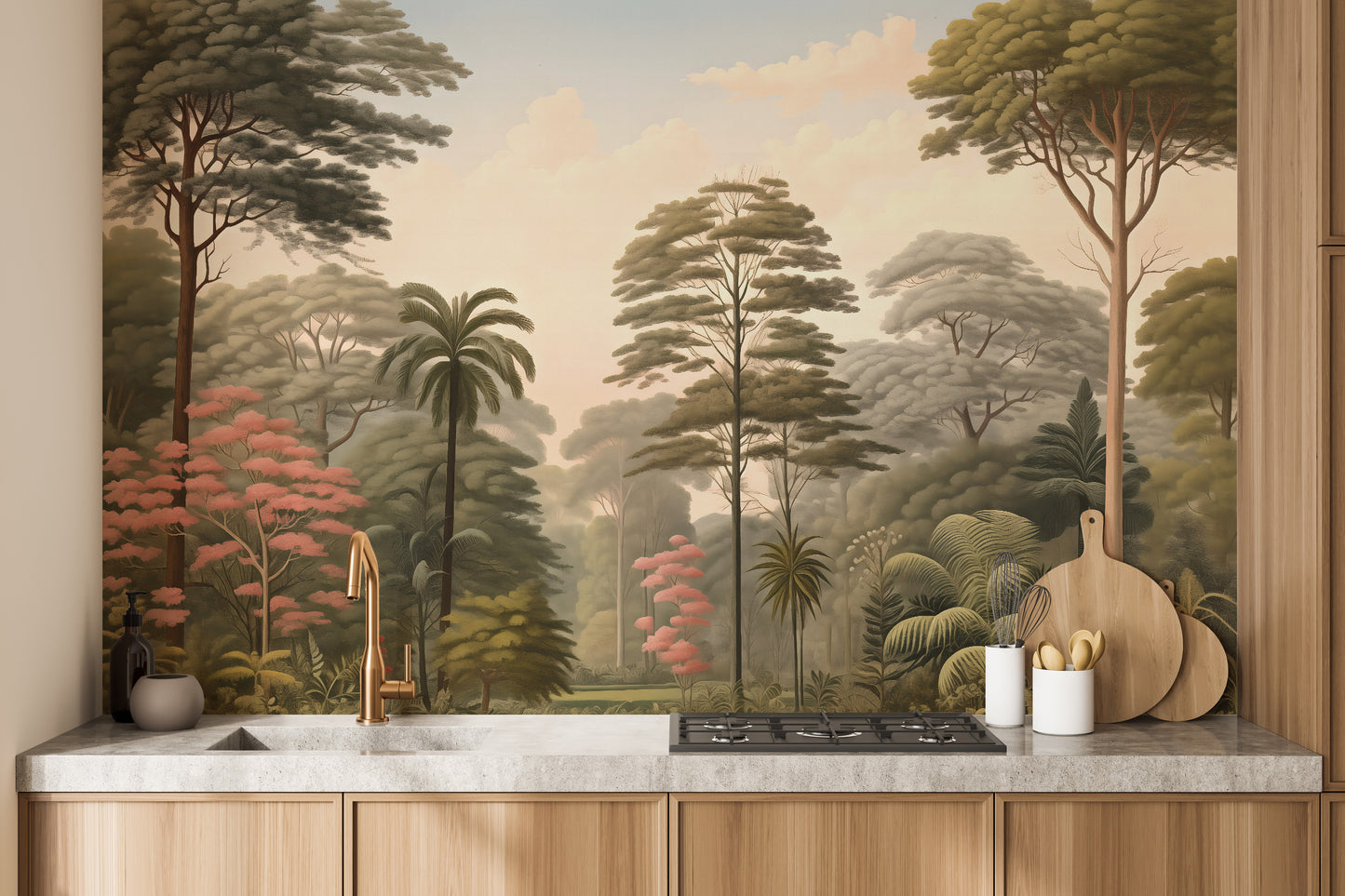 Nature woodcut forest wallpaper murals for an organic, fresh room update.
