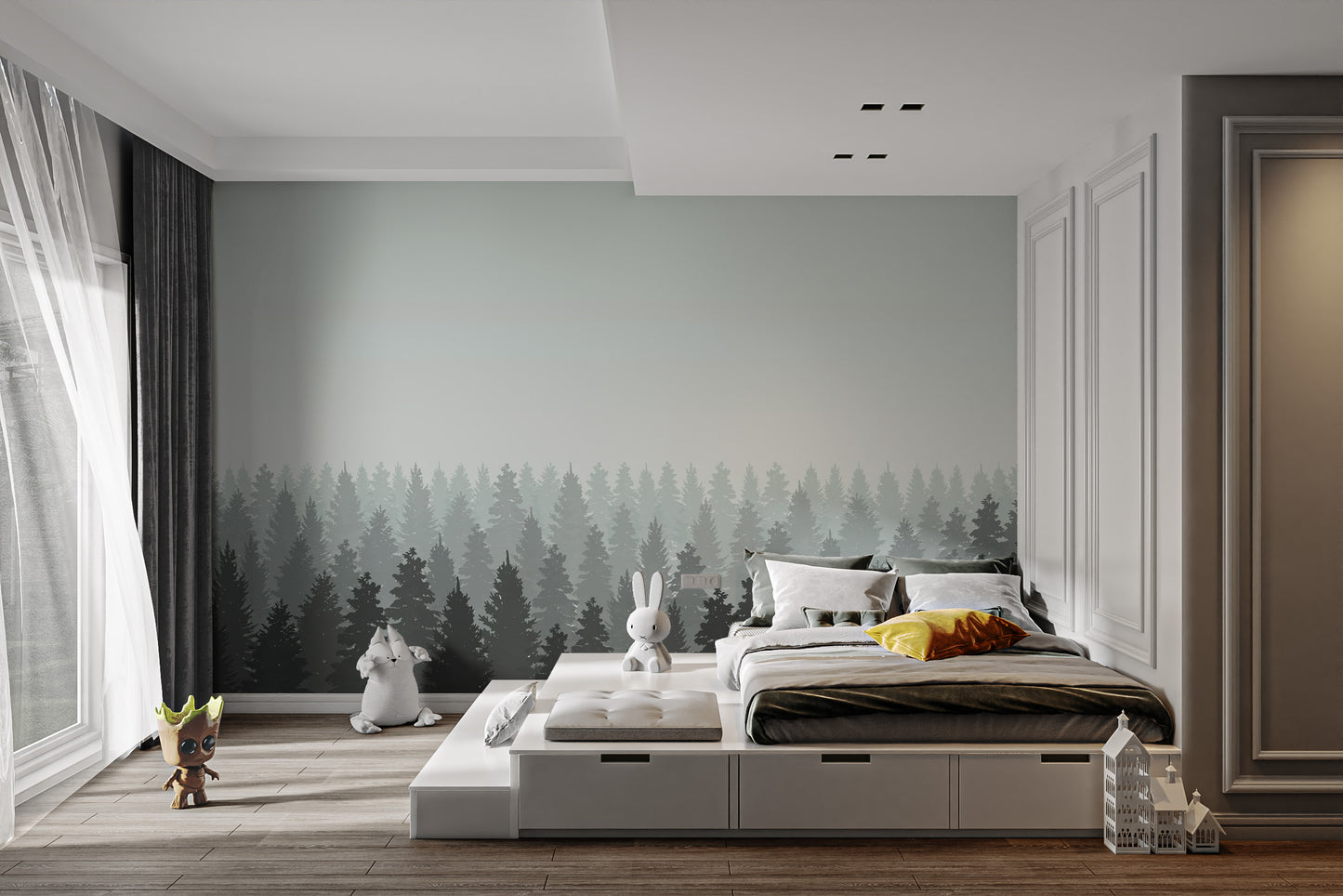 Removable dark foggy forest tree wallpaper mural