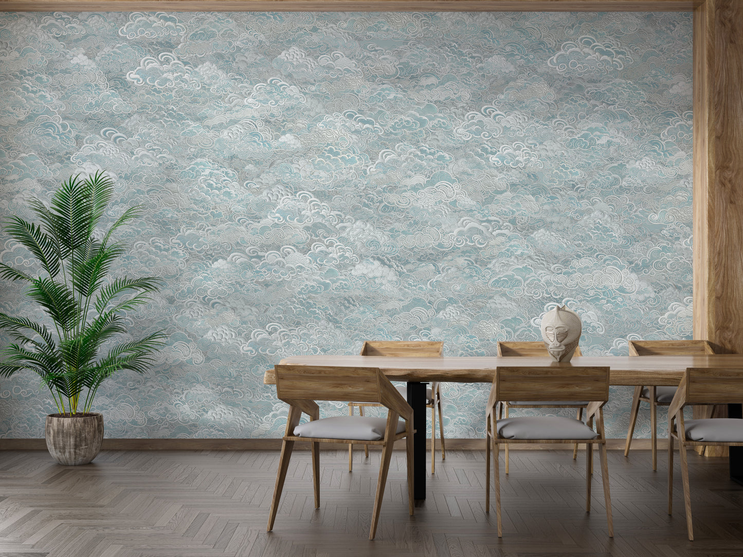 Whimsical white clouds on blue murals
