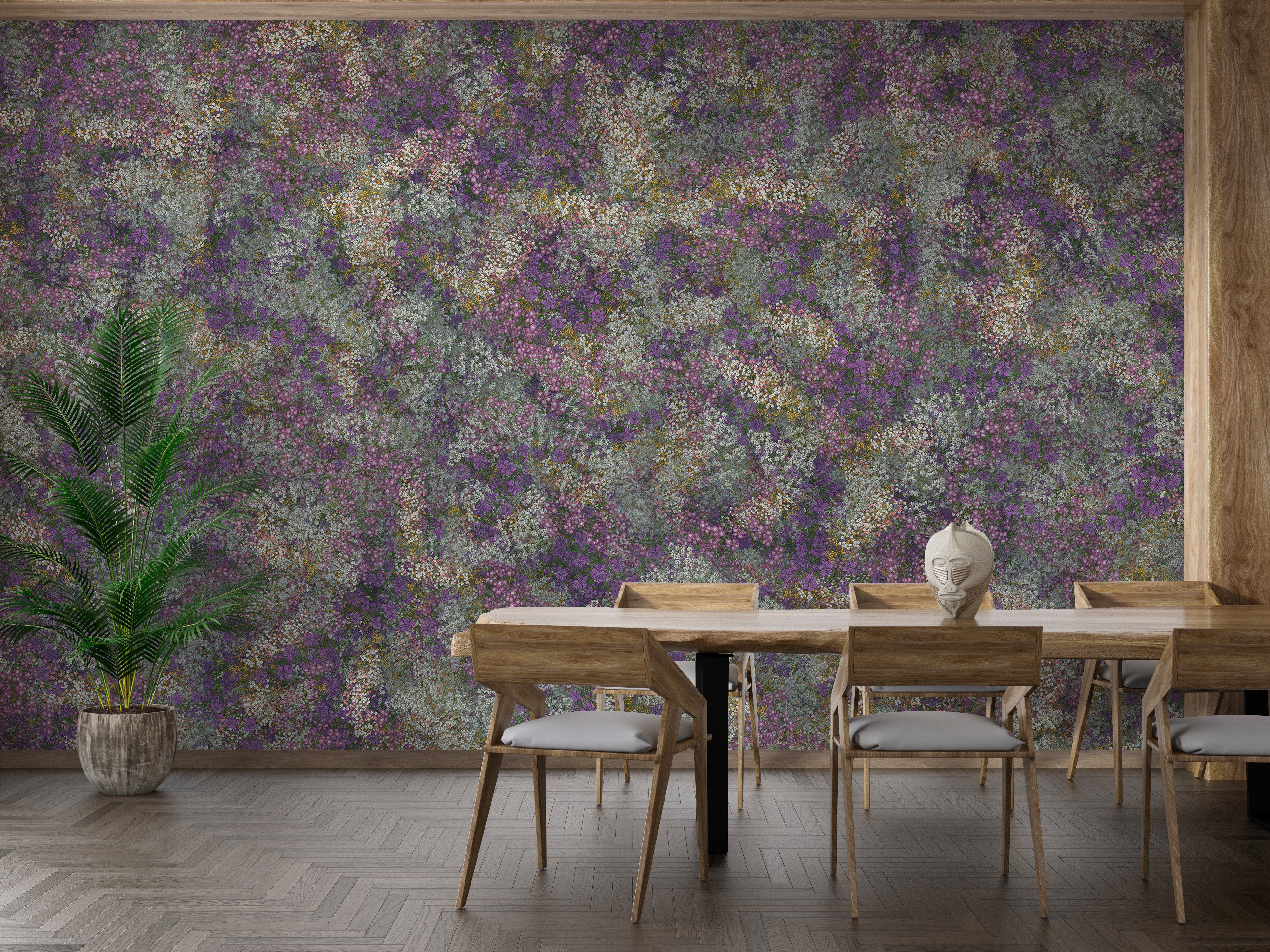 Purple and white floral mural pattern
