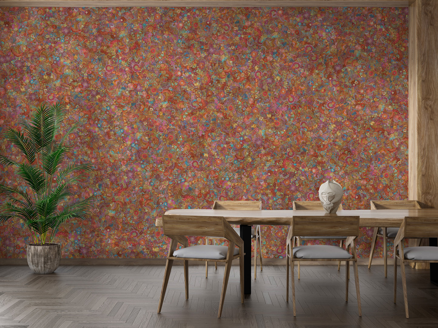 Red Color Embroidery Floral Wallpaper Murals