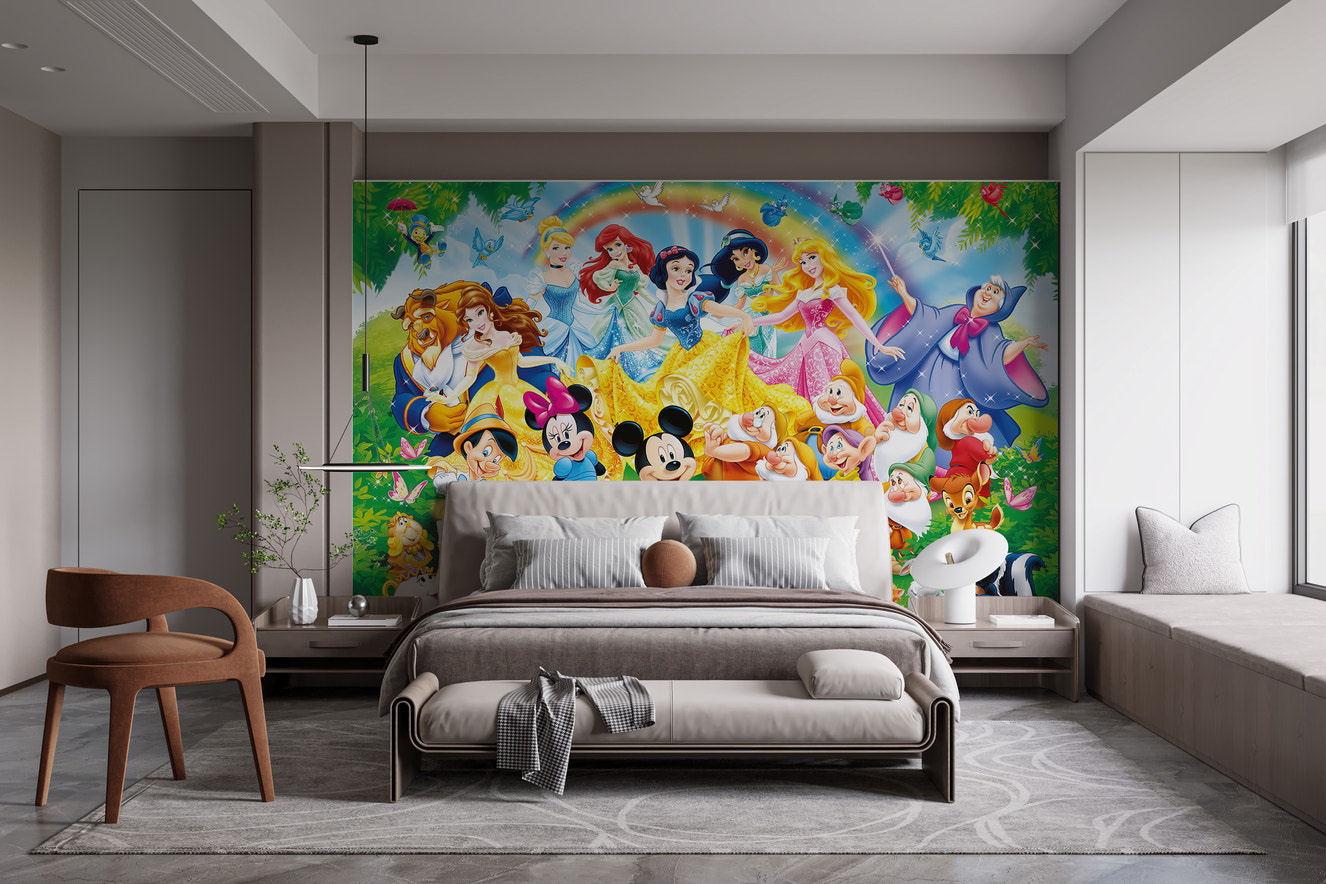 Disney-inspired wall mural featuring animated dynasty scenes
