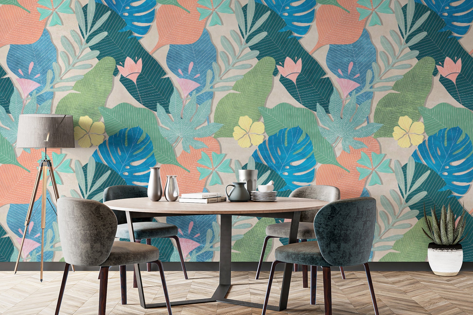 Multicolor Tropical Leaf and Flower Design Wallpaper Mural
