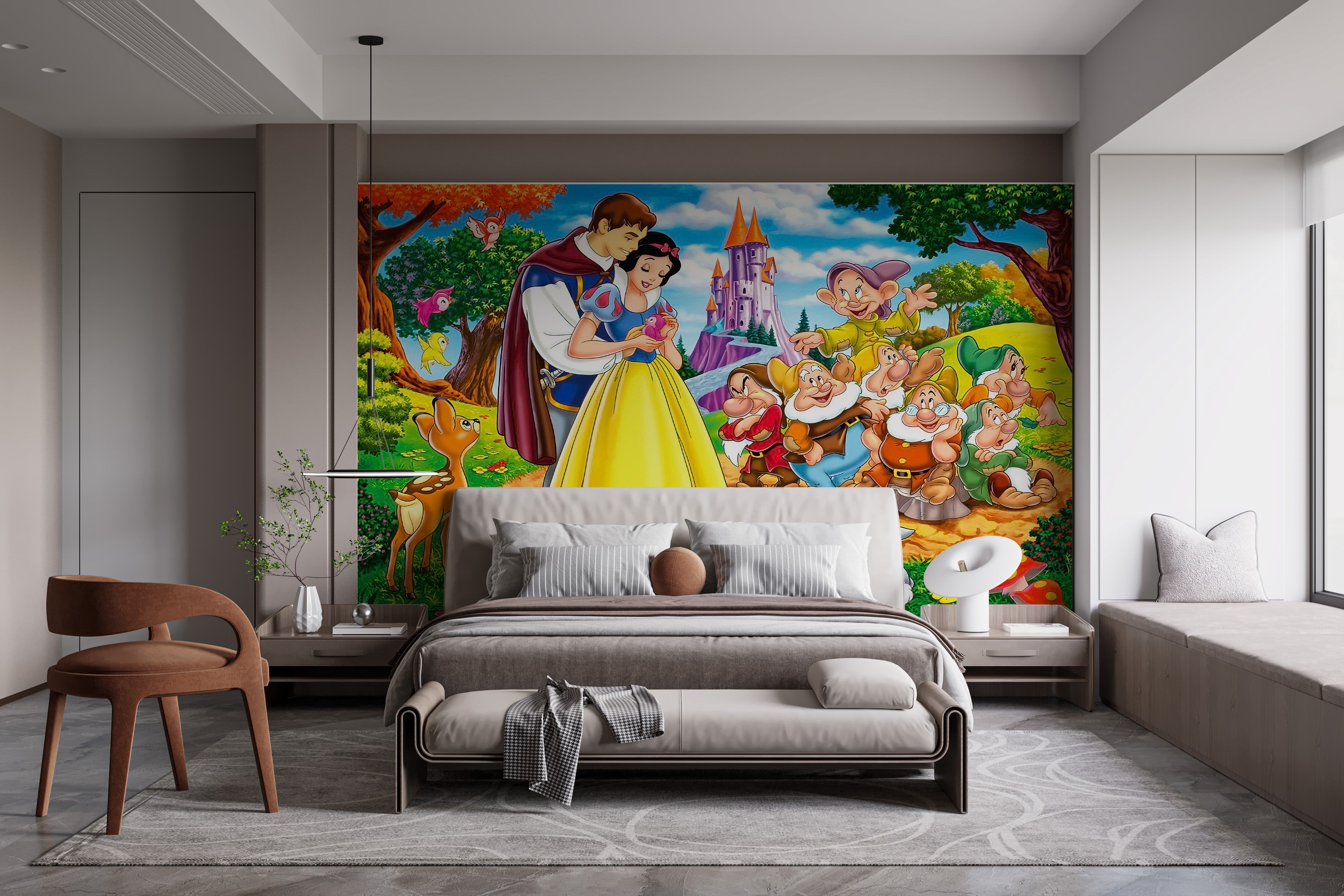 Storybook mural of Snow White with vibrant fairytale scenes
