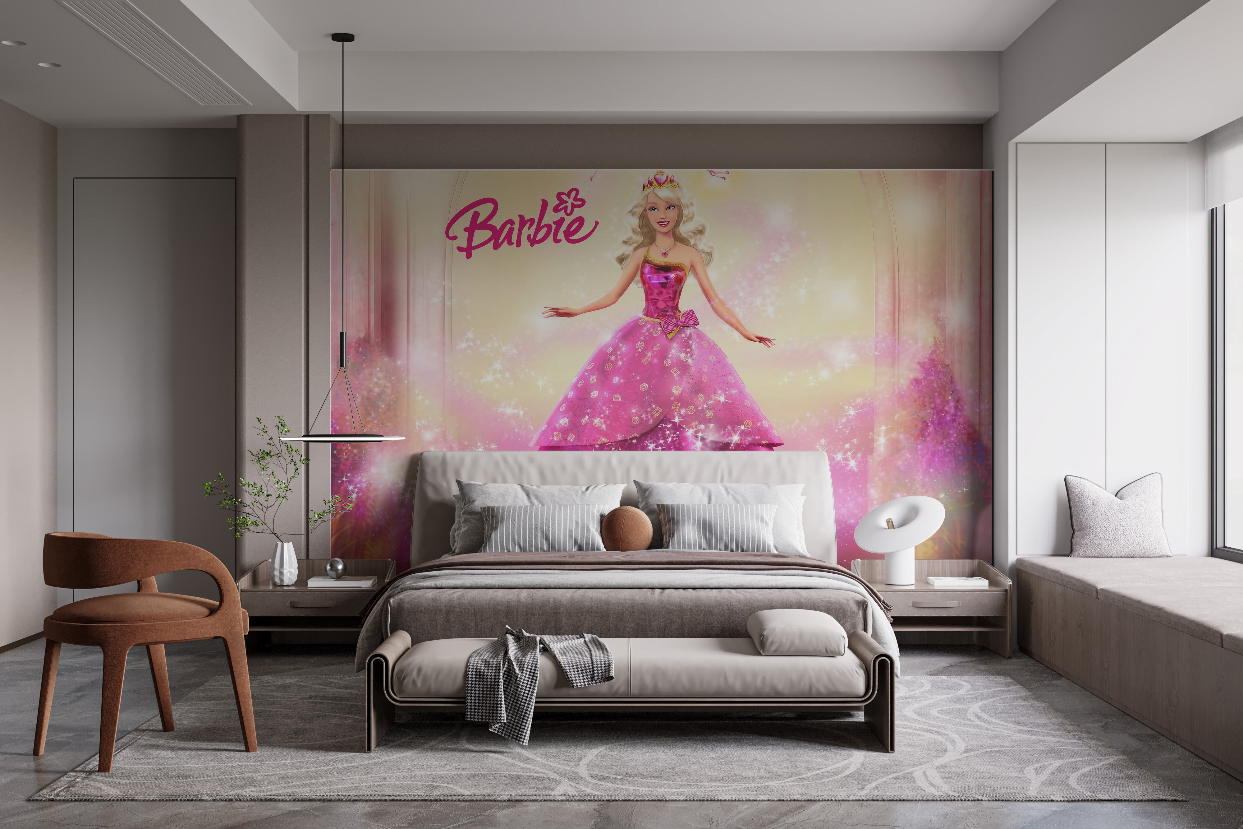 Glamorous pink dress Barbie mural adds charm to any space
