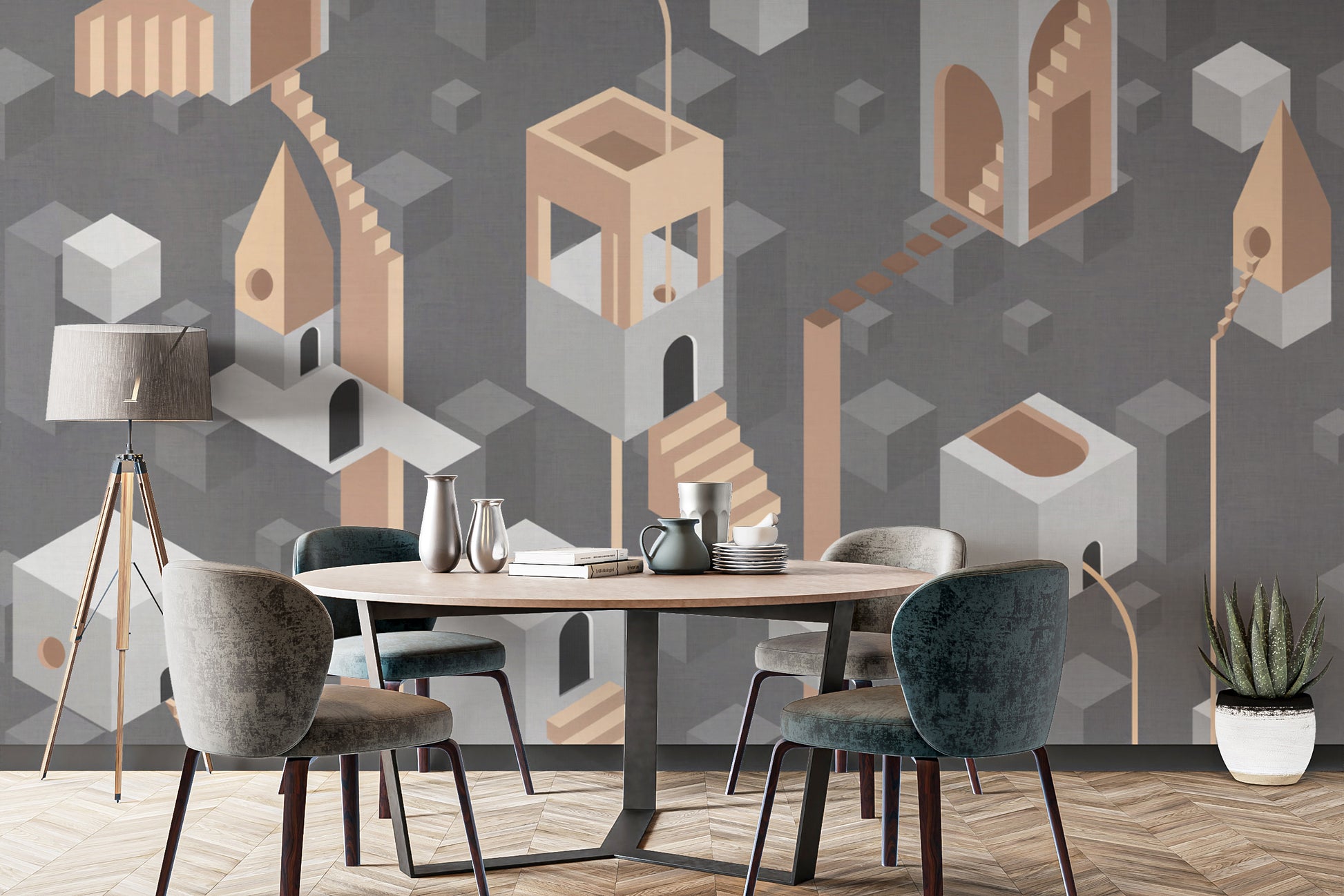 Gray Surreal Geometric Architecture Wallpaper with Stairs
