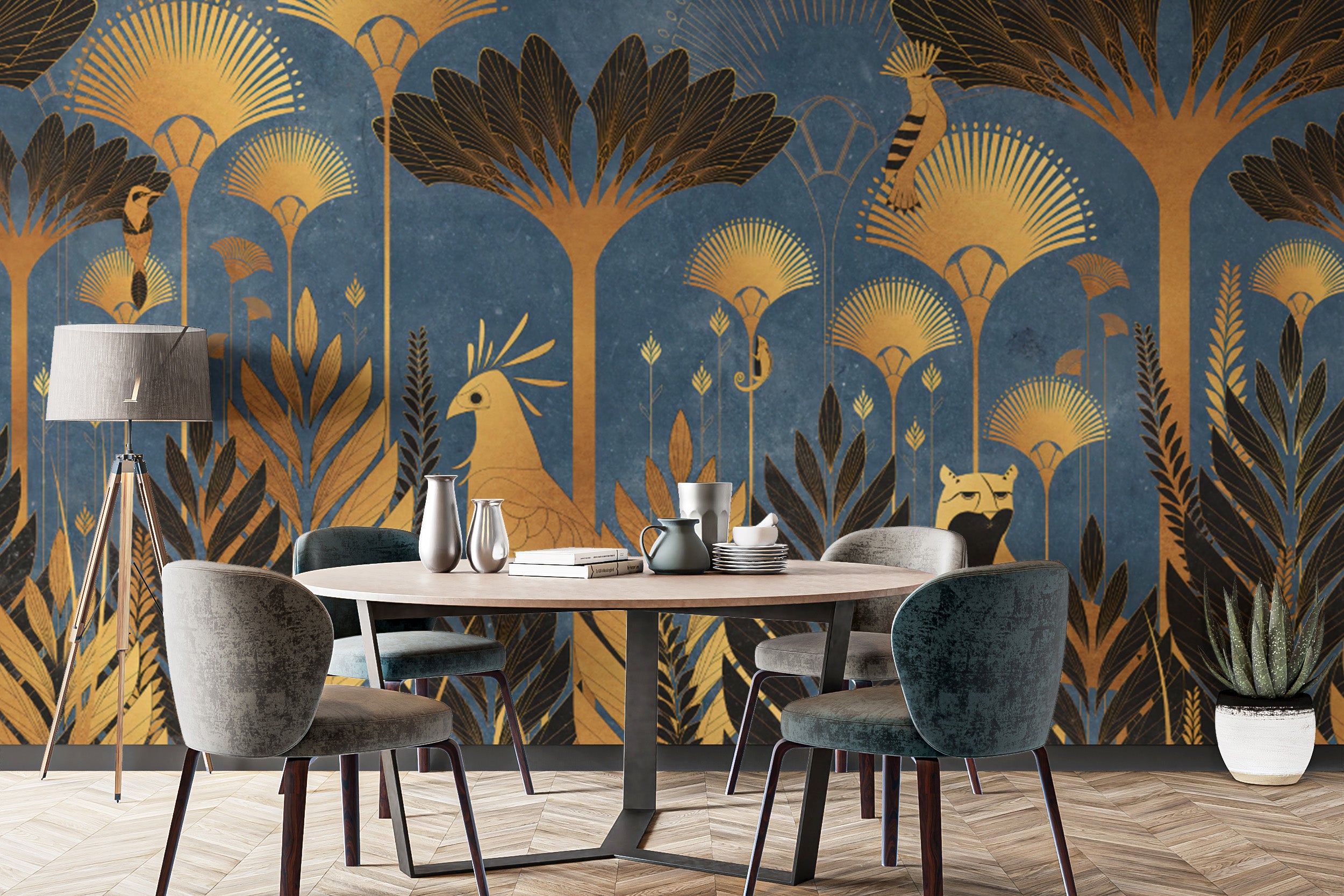 Sophisticated blue luxurious jungle wallpaper with gold details
