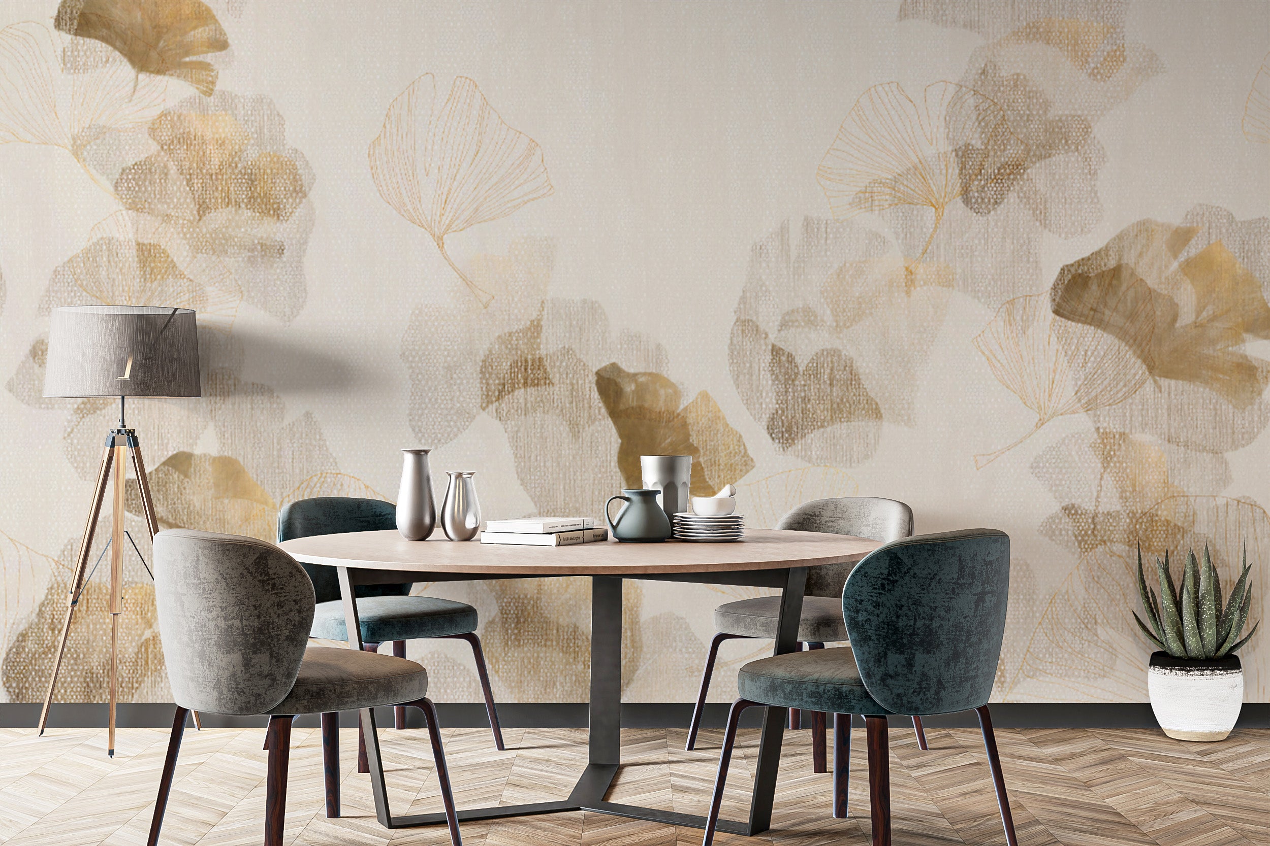 Elegant light beige ginkgo wallpaper with botanical patterns
