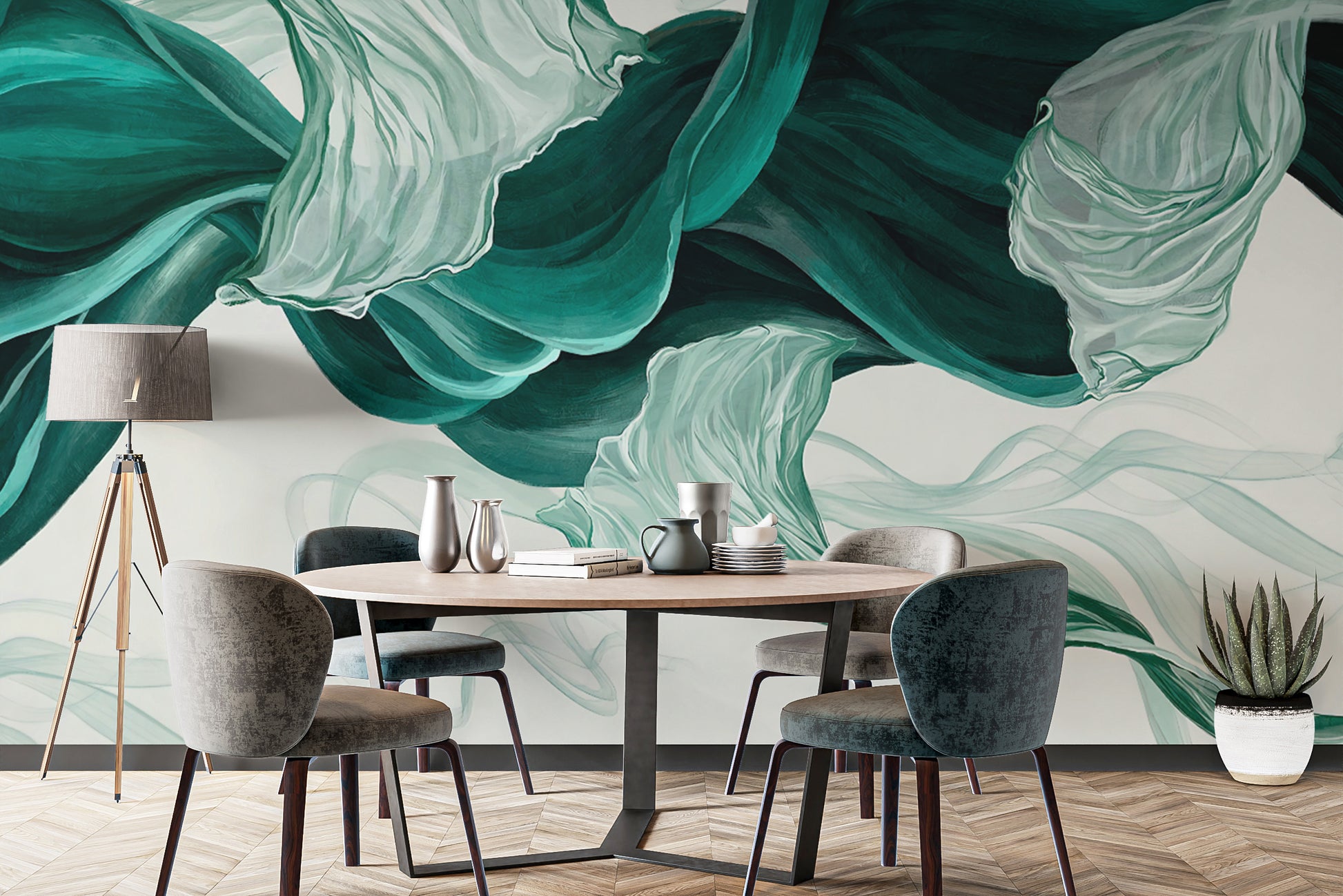 Abstract Flowing Fabric Wall Mural in teal and white
