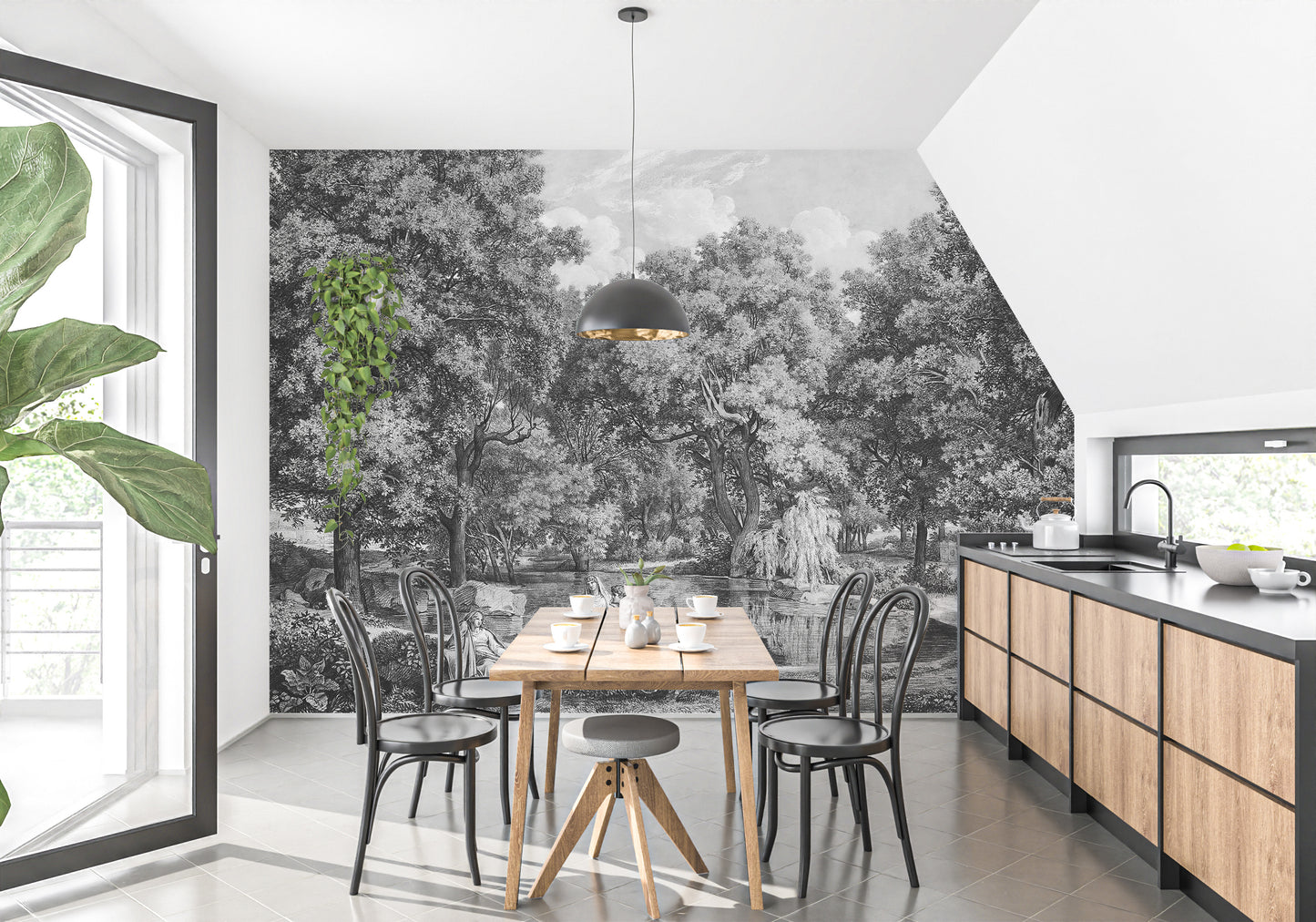 Black and White Lakeside Talk Wallpaper Mural