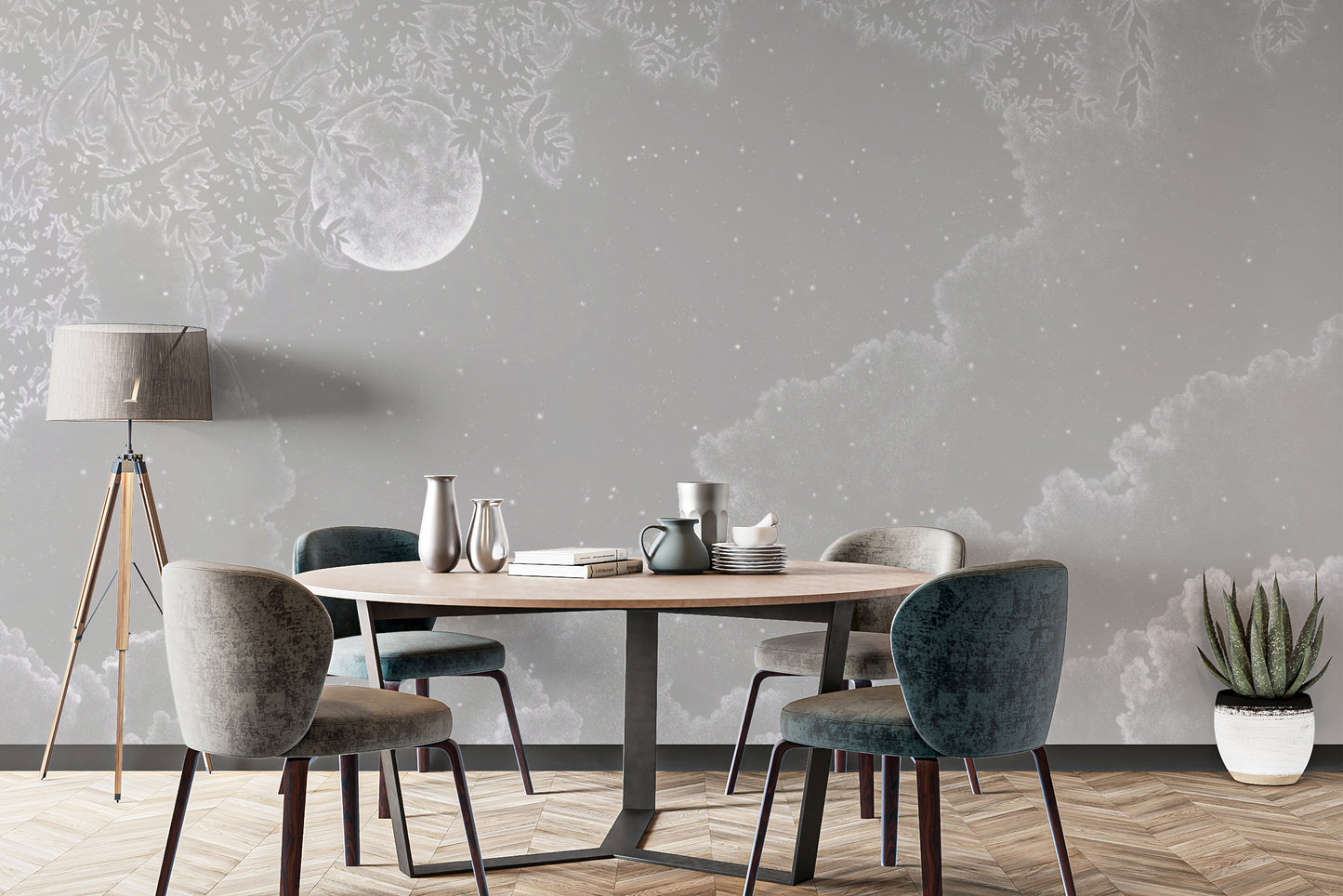 Fantasy moon and clouds mural for a celestial retreat
