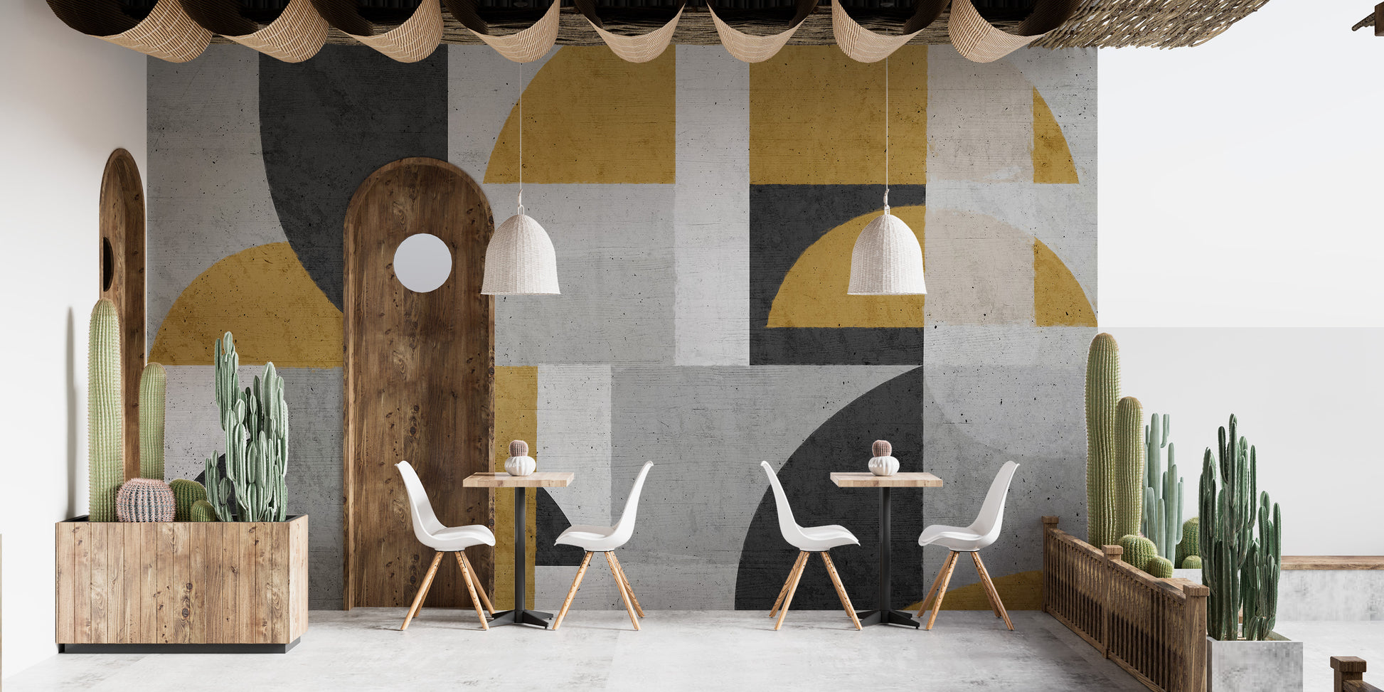 Abstract mural with yellow and grey shapes