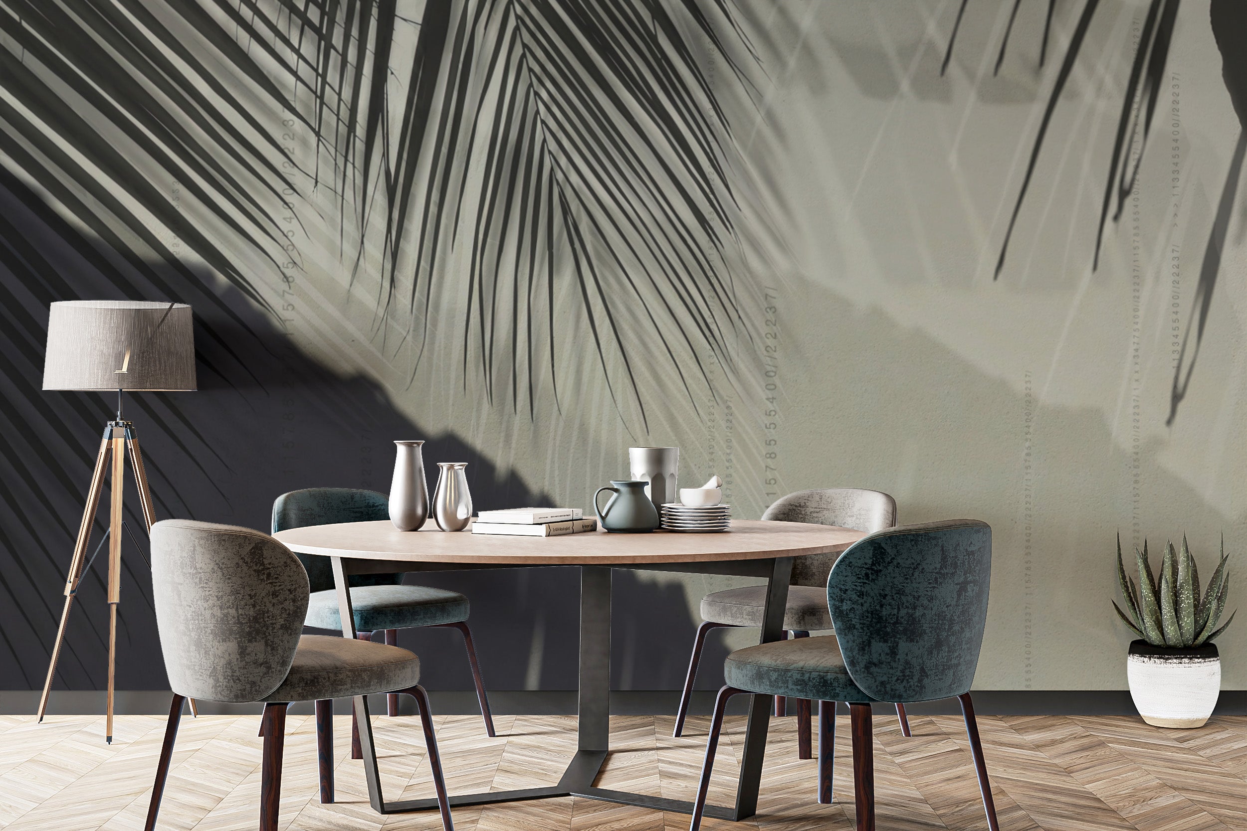 Artistic palm leaf shadow wallpaper for refined interiors.
