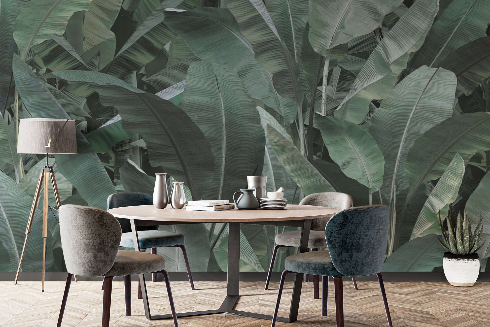 Dark green jungle wallpaper with tropical foliage
