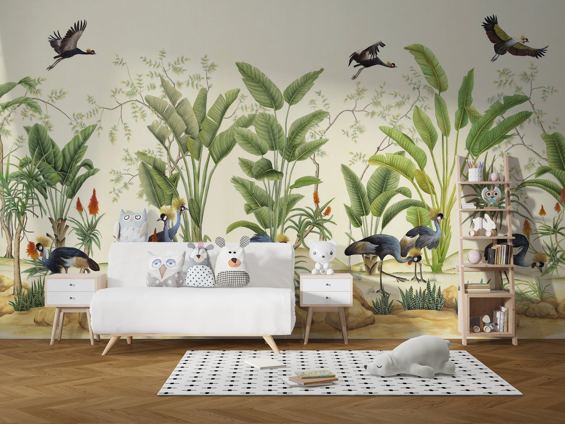 Crane-themed tropical mural in grey tones
