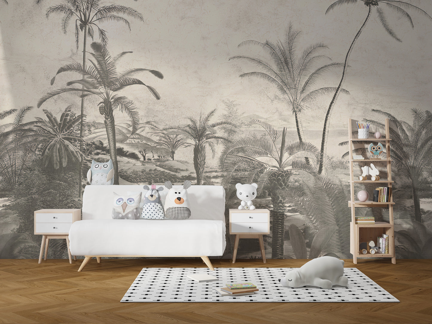 Scenic jungle tree wall mural with greenery
