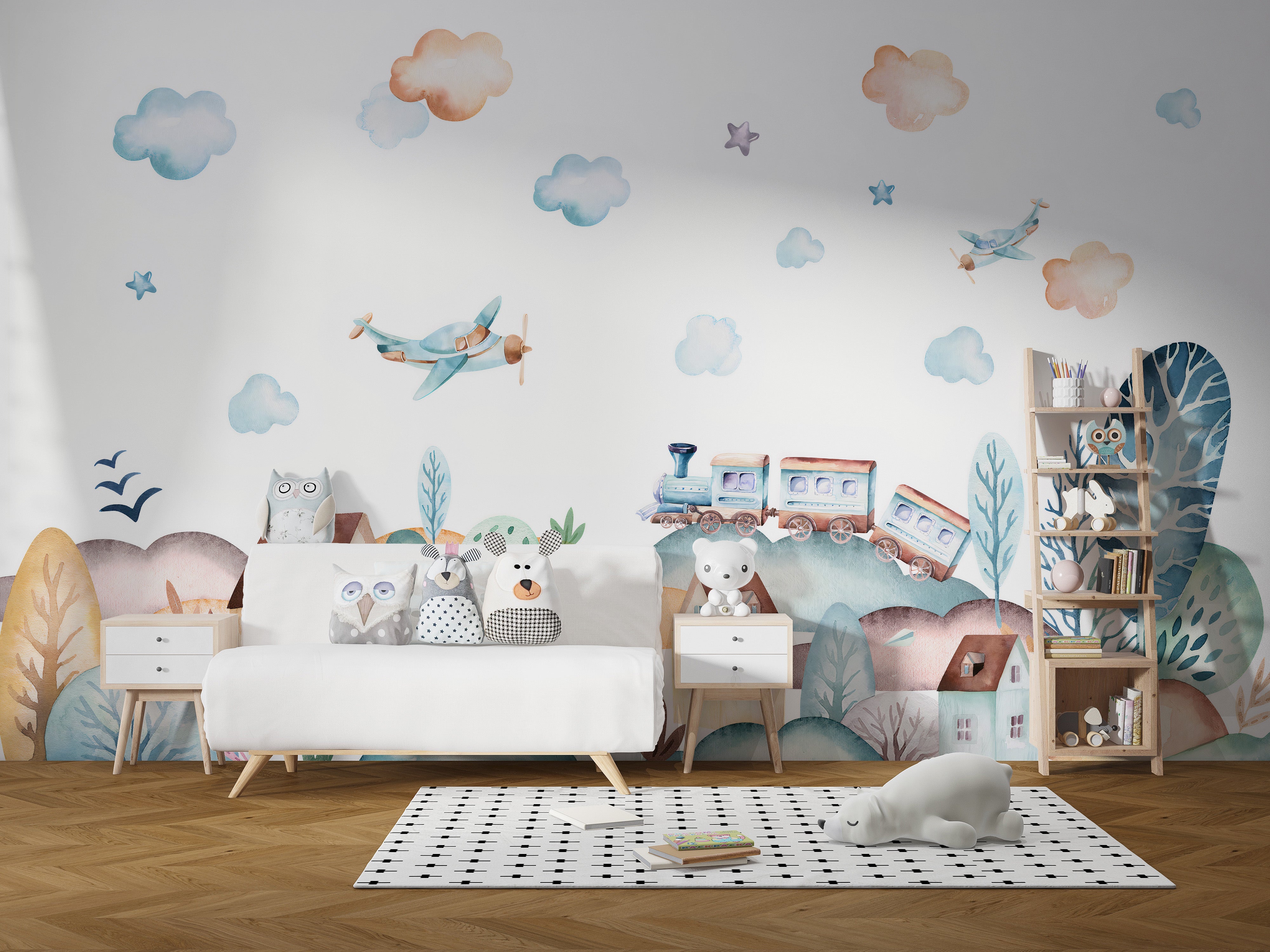 Watercolor Fun Village Mural for Playroom Walls
