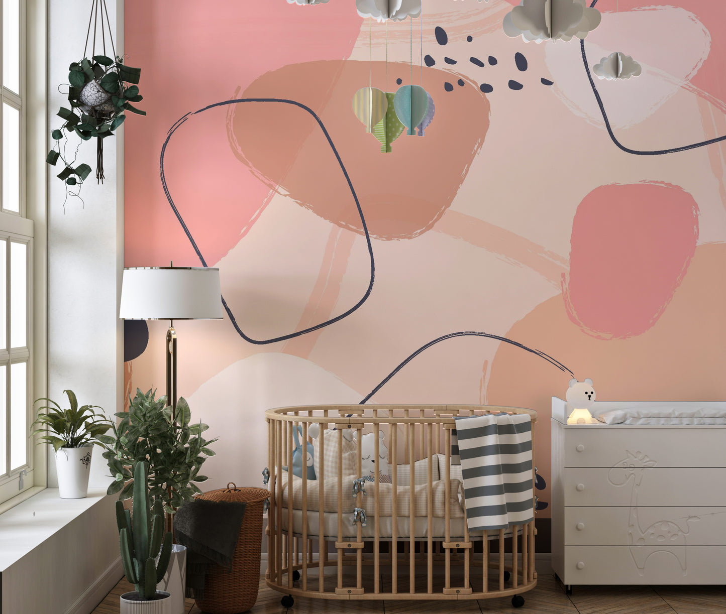 Abstract pastel design mural adding a soft artistic touch to walls.
