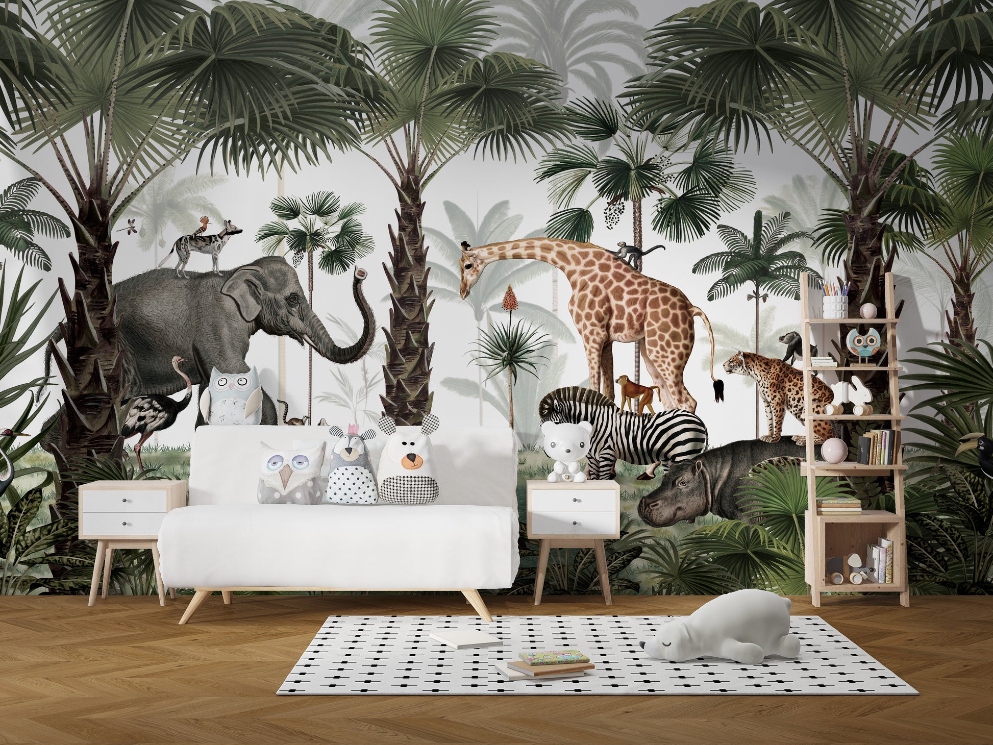 Jungle-themed wall mural with diverse animals and greenery