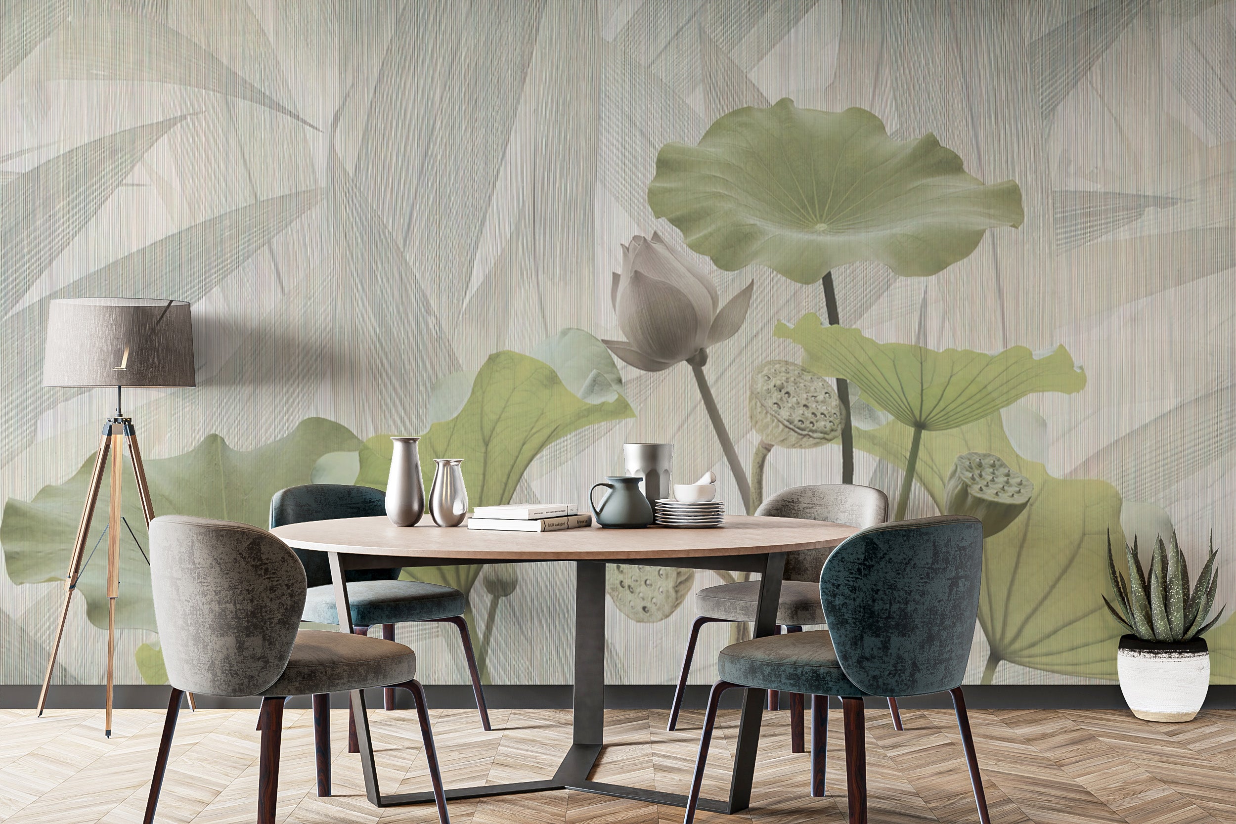 Green Haven wallpaper mural with a soothing lotus pattern