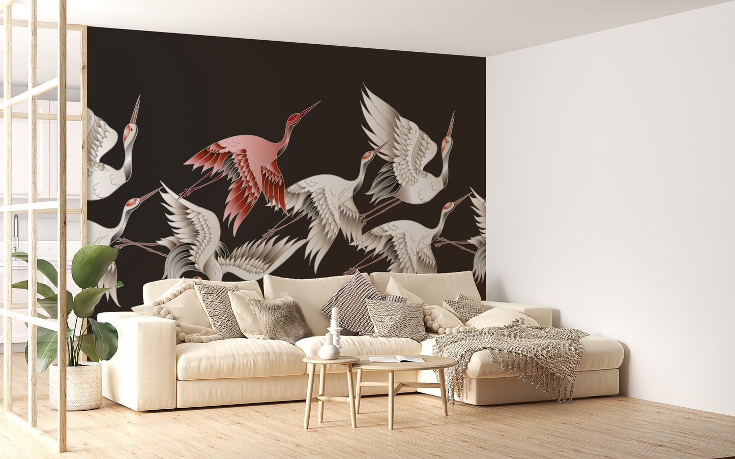 Stunning black wallpaper with flying cranes