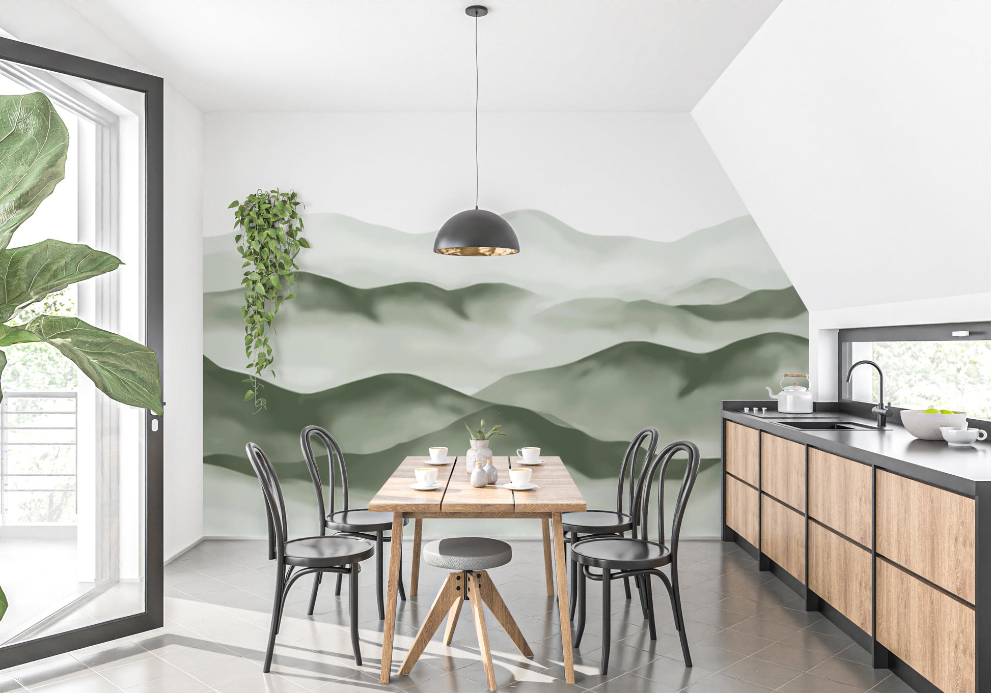 Scenic green mountain wallpaper for peaceful interiors