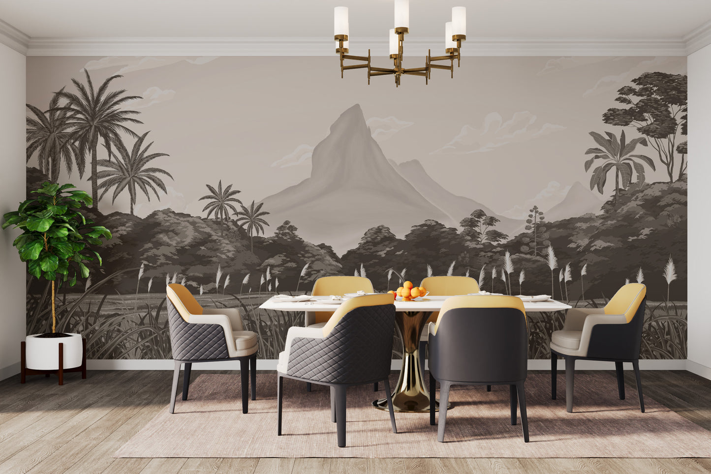 Black and white jungle scene mural with botanical beauty
