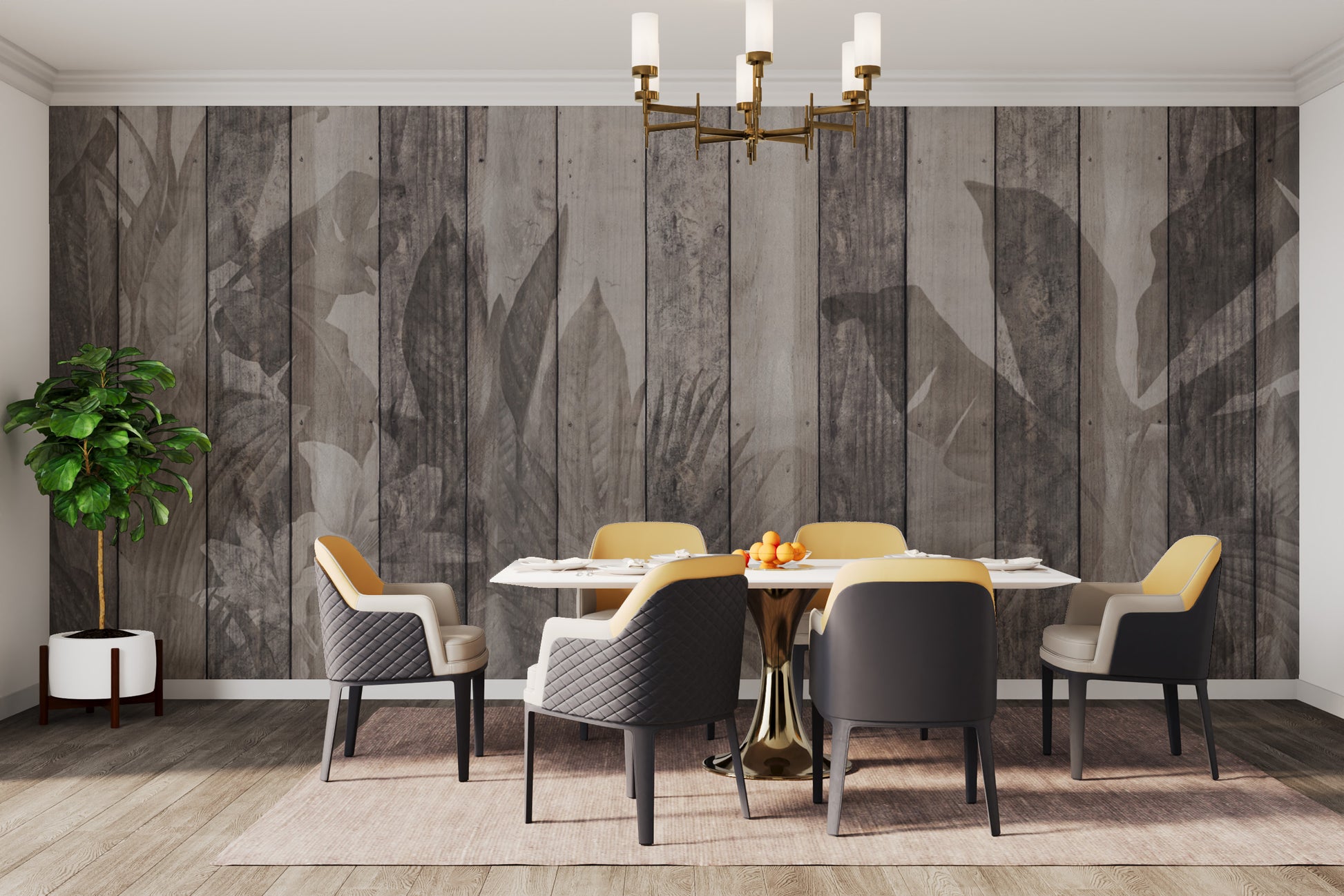 Aged wooden plank wallpaper with botanical leaf design
