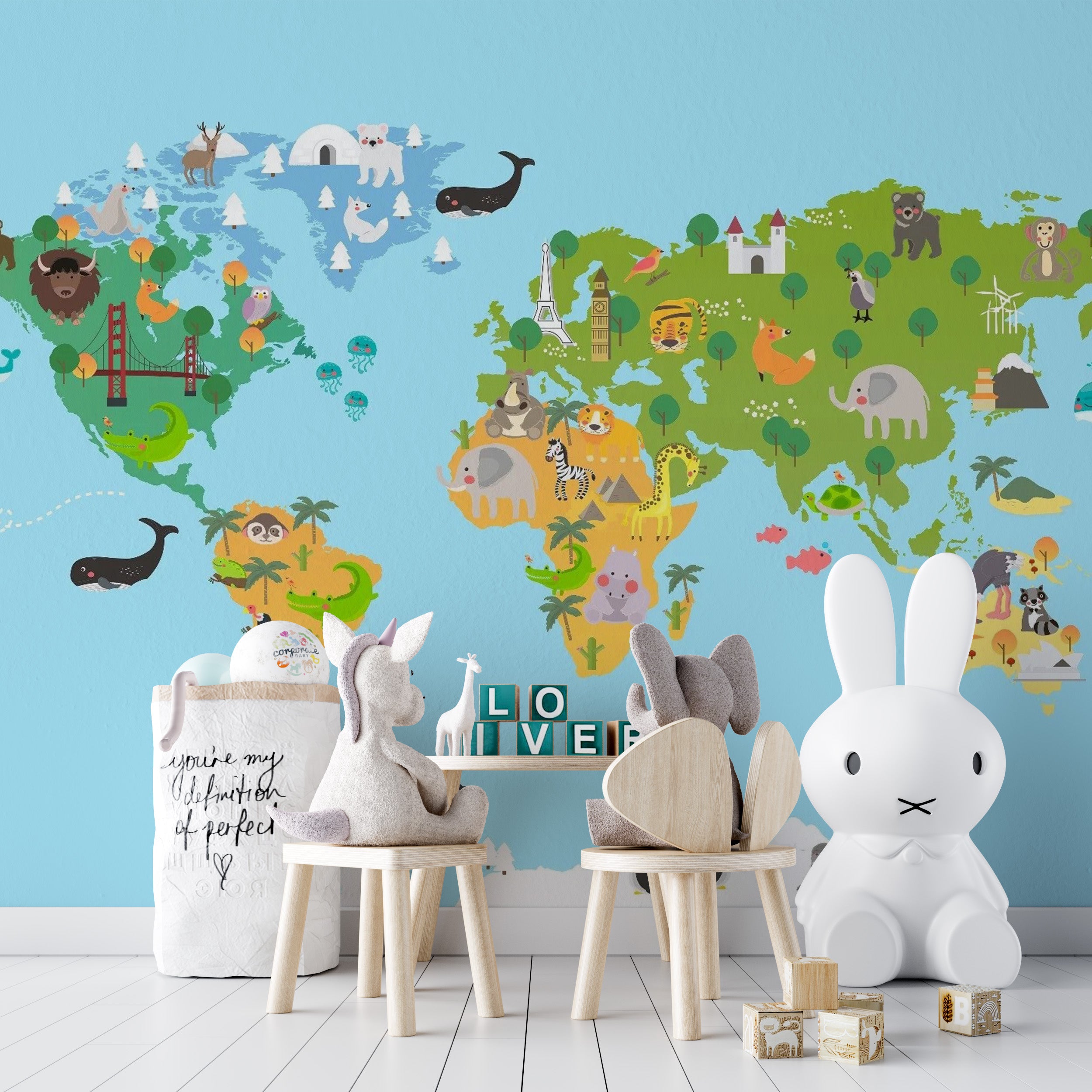 Kids Room Wildlife World Map Wall Mural
