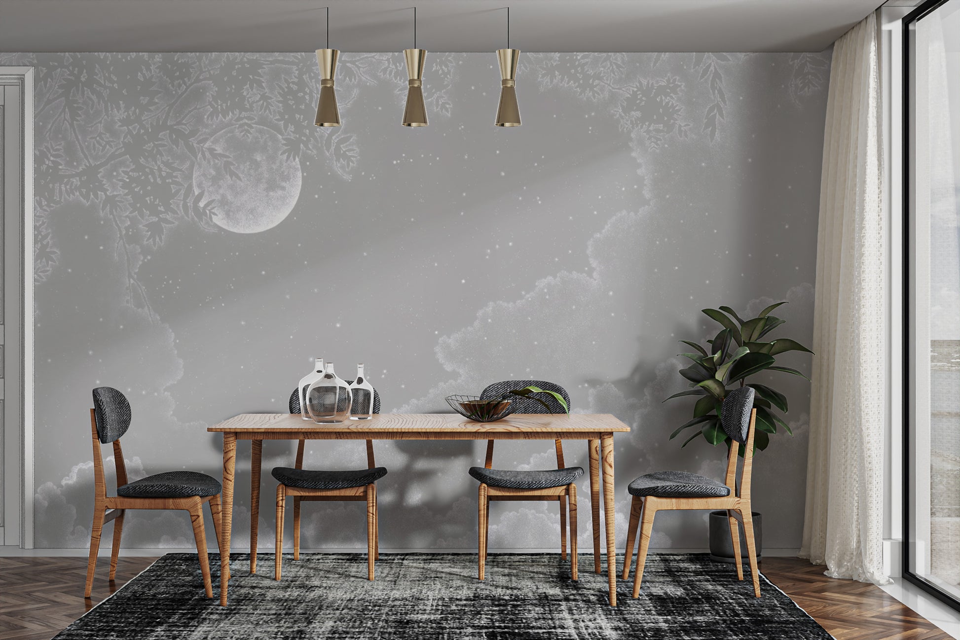 Grayscale celestial wallpaper with moonlit night charm
