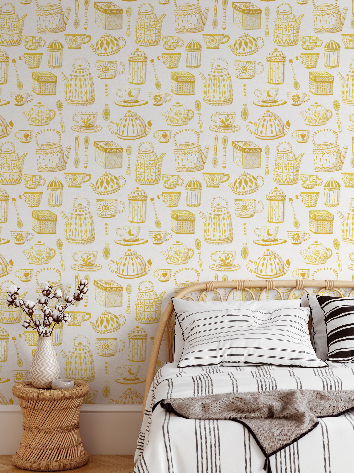 Classic tea set design in vibrant yellow wallpaper for charm.
