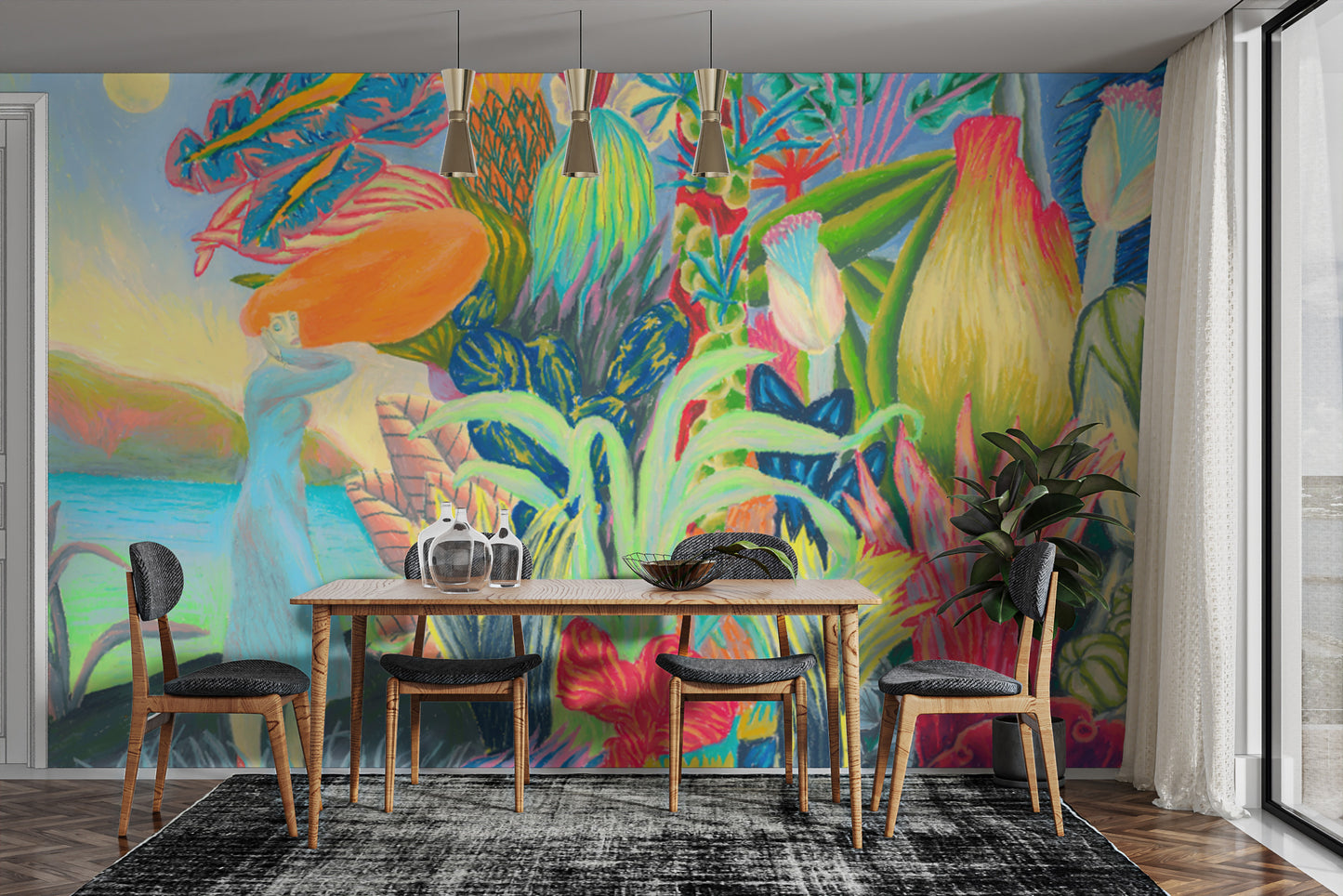 Modern surrealism wallpaper with artistic tropical jungle
