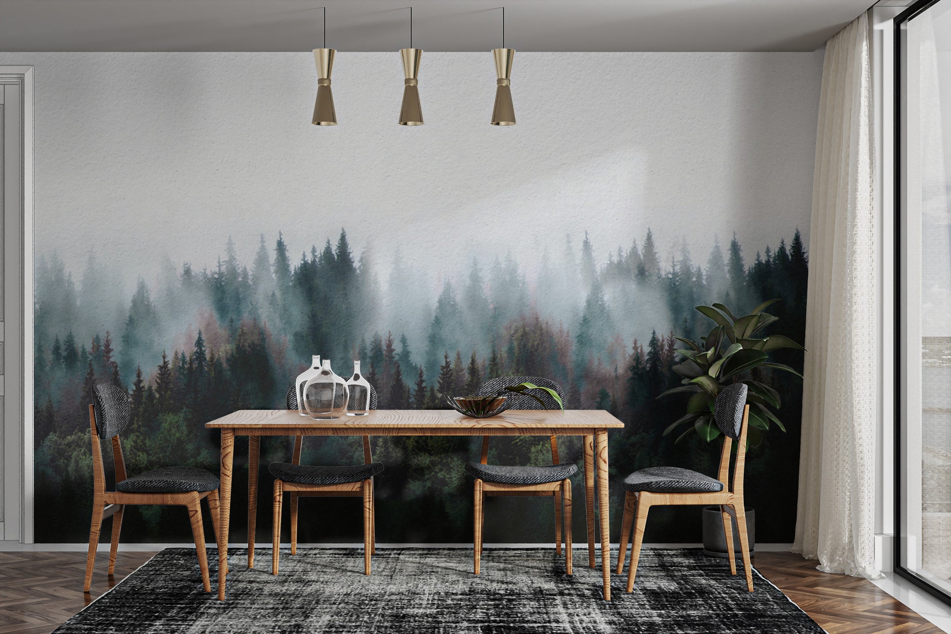 Moody forest wall mural with evergreen trees
