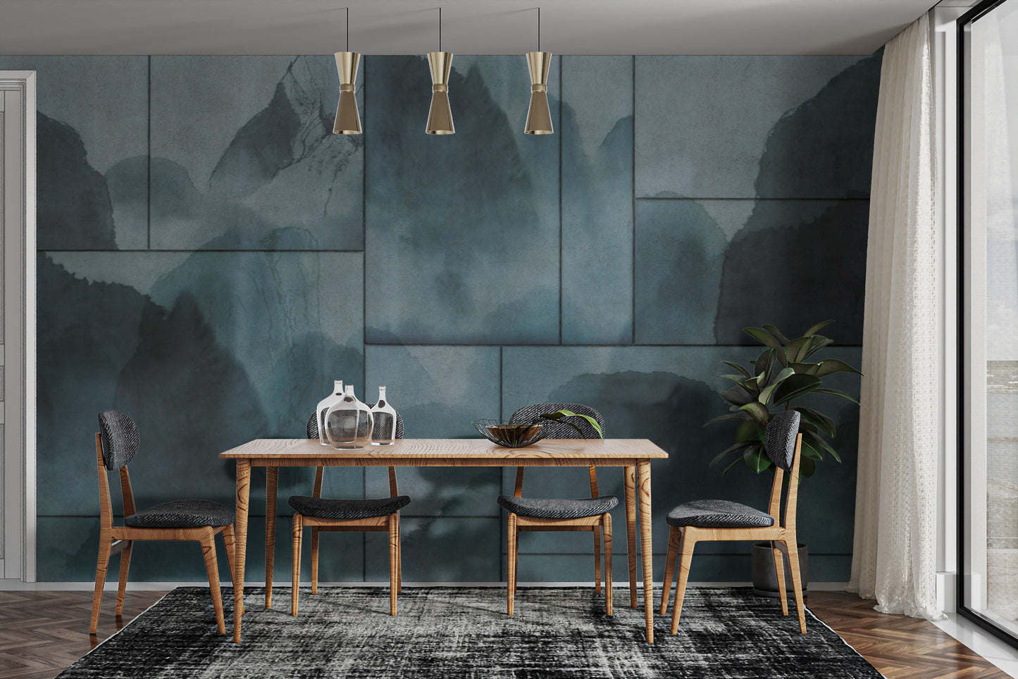 Japandi-Inspired Misty Mountain Wall Mural for Living Room
