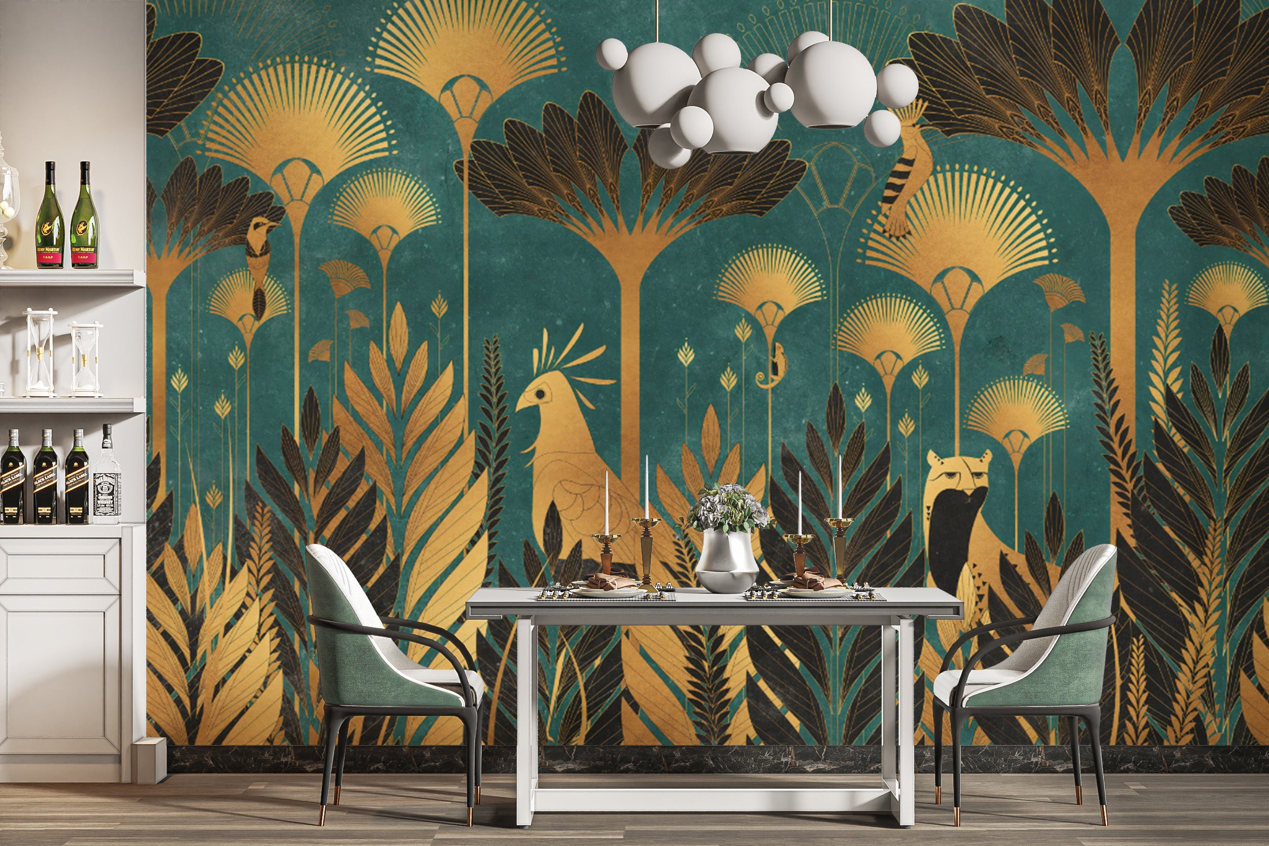 Teal luxurious jungle wallpaper with intricate golden patterns
