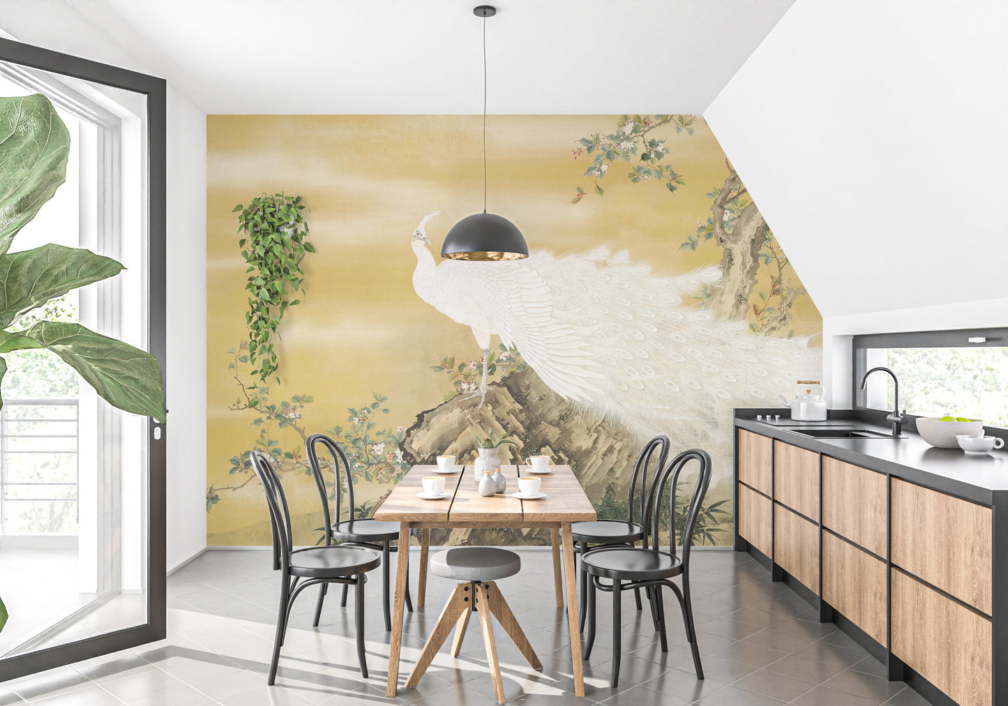 White Peafowl Sitting Rock Wallpaper Murals