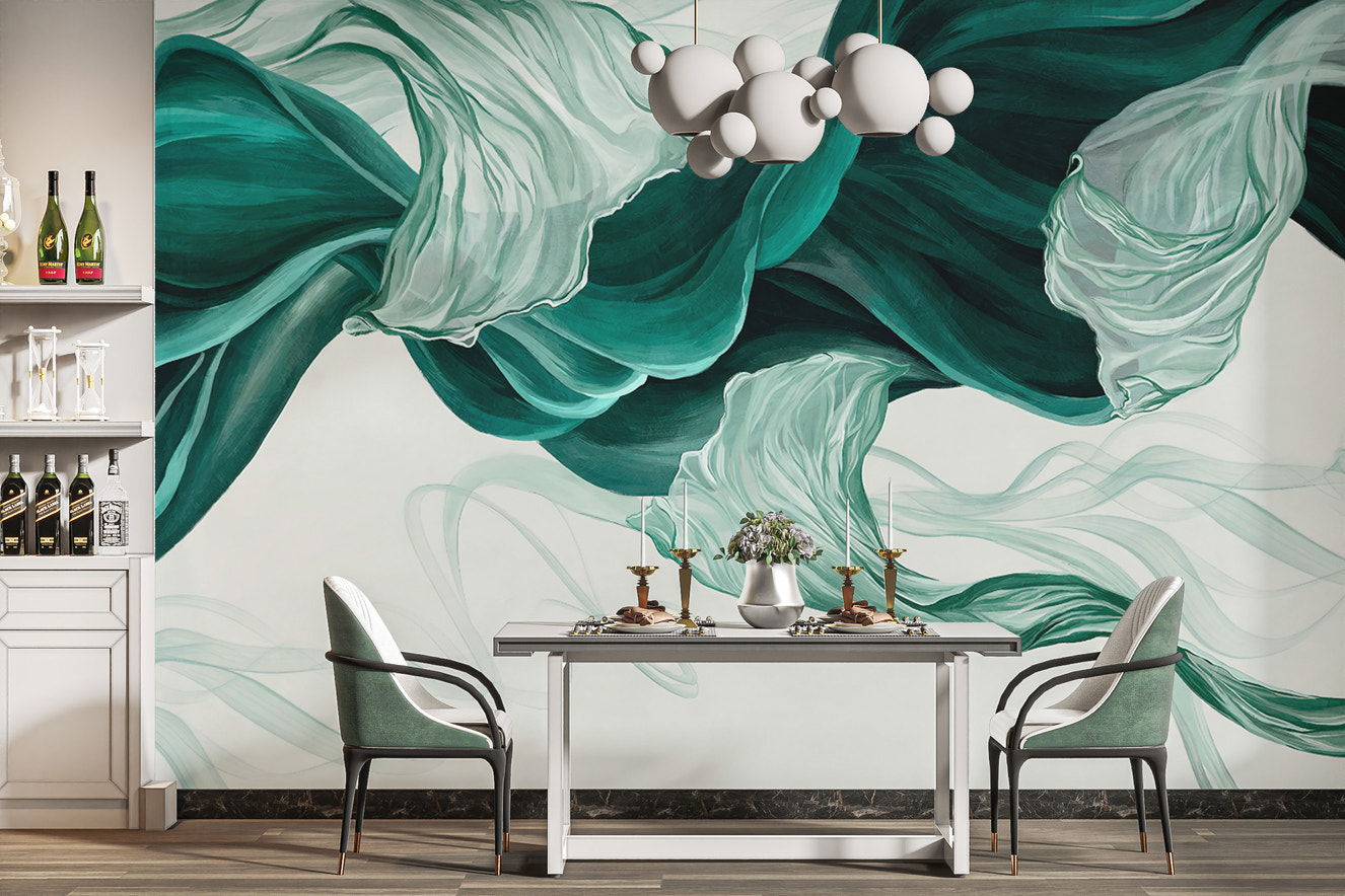 Ethereal fabric flow wallpaper mural with soft teal and white tones
