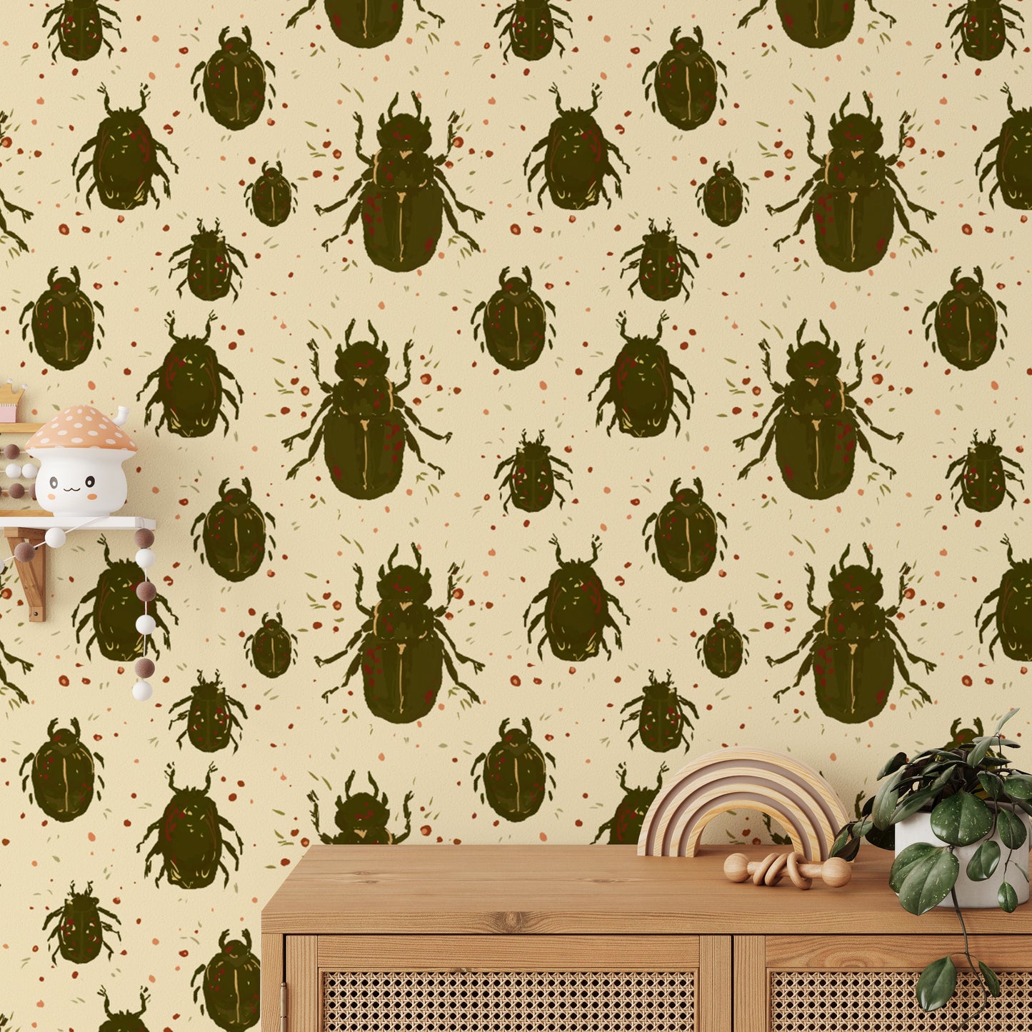 Crawling beetles wallpaper for a whimsical and edgy statement.
