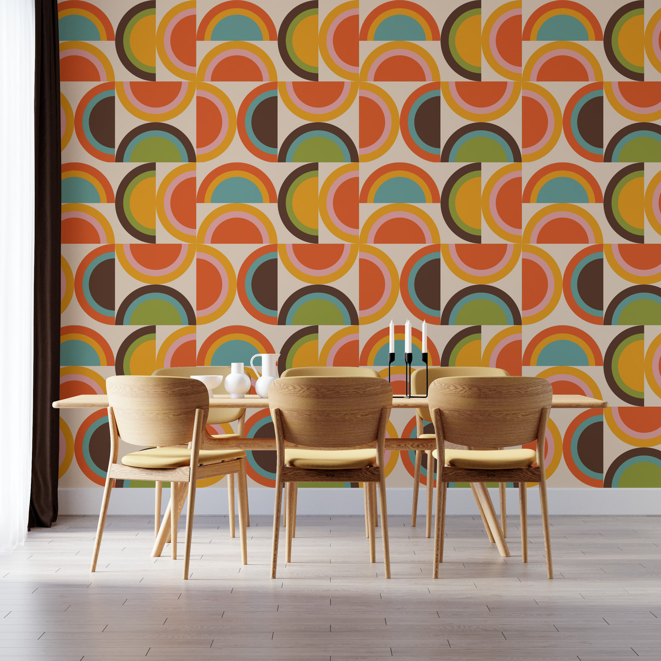 Retro boho geometric wallpaper with vibrant hues
