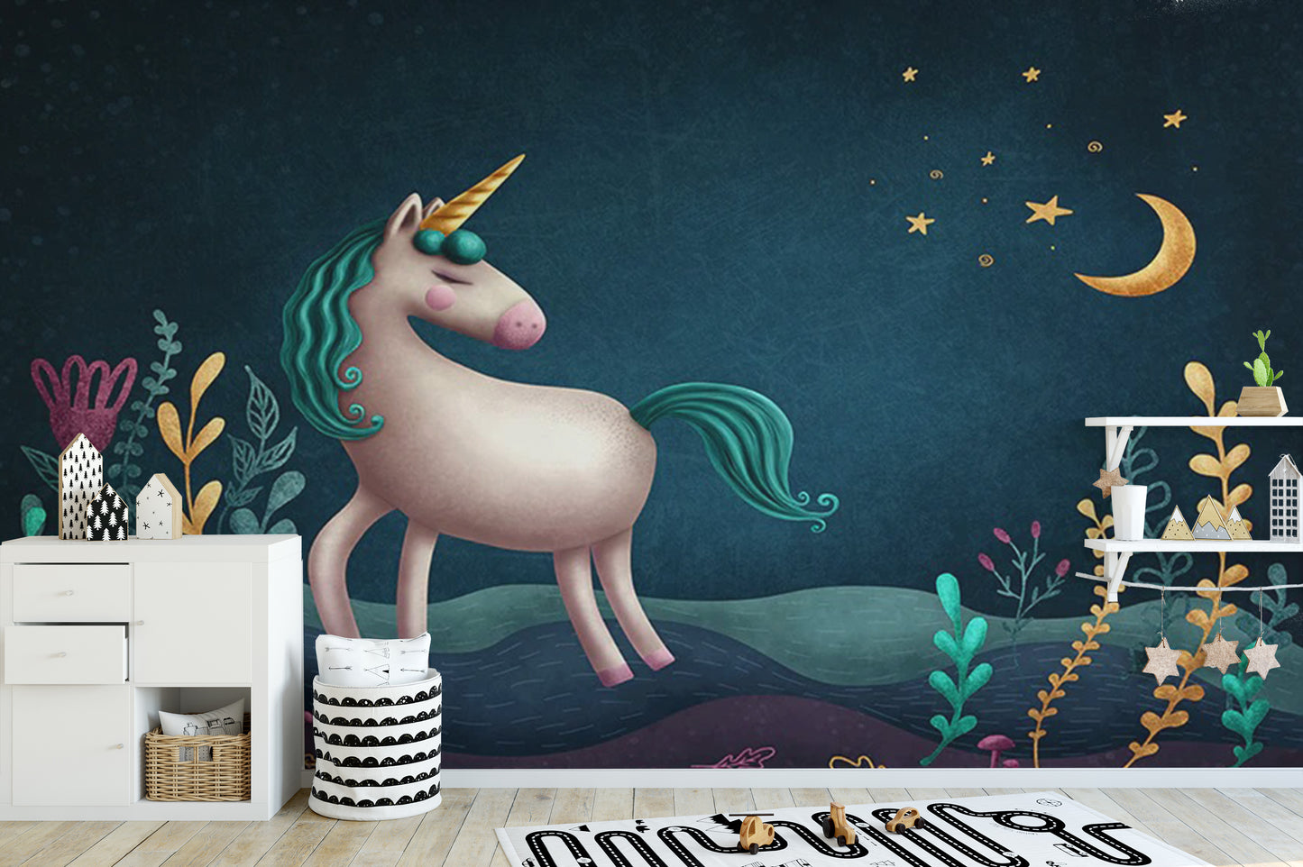 Blue & Green Night Unicorn Kids Nursery Wallpaper Mural