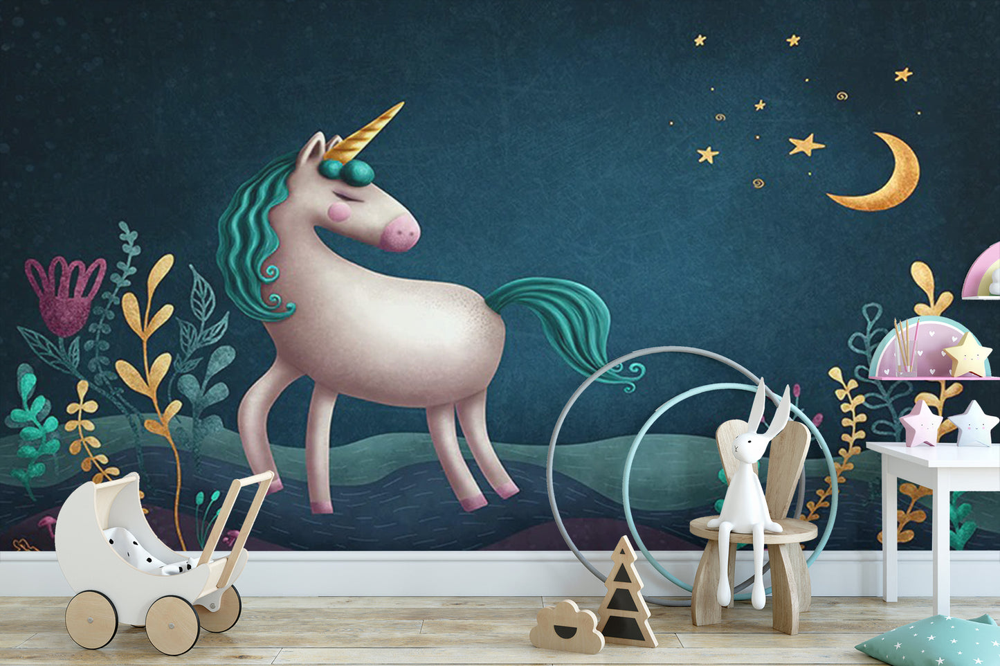 Blue & Green Night Unicorn Kids Nursery Wallpaper Mural